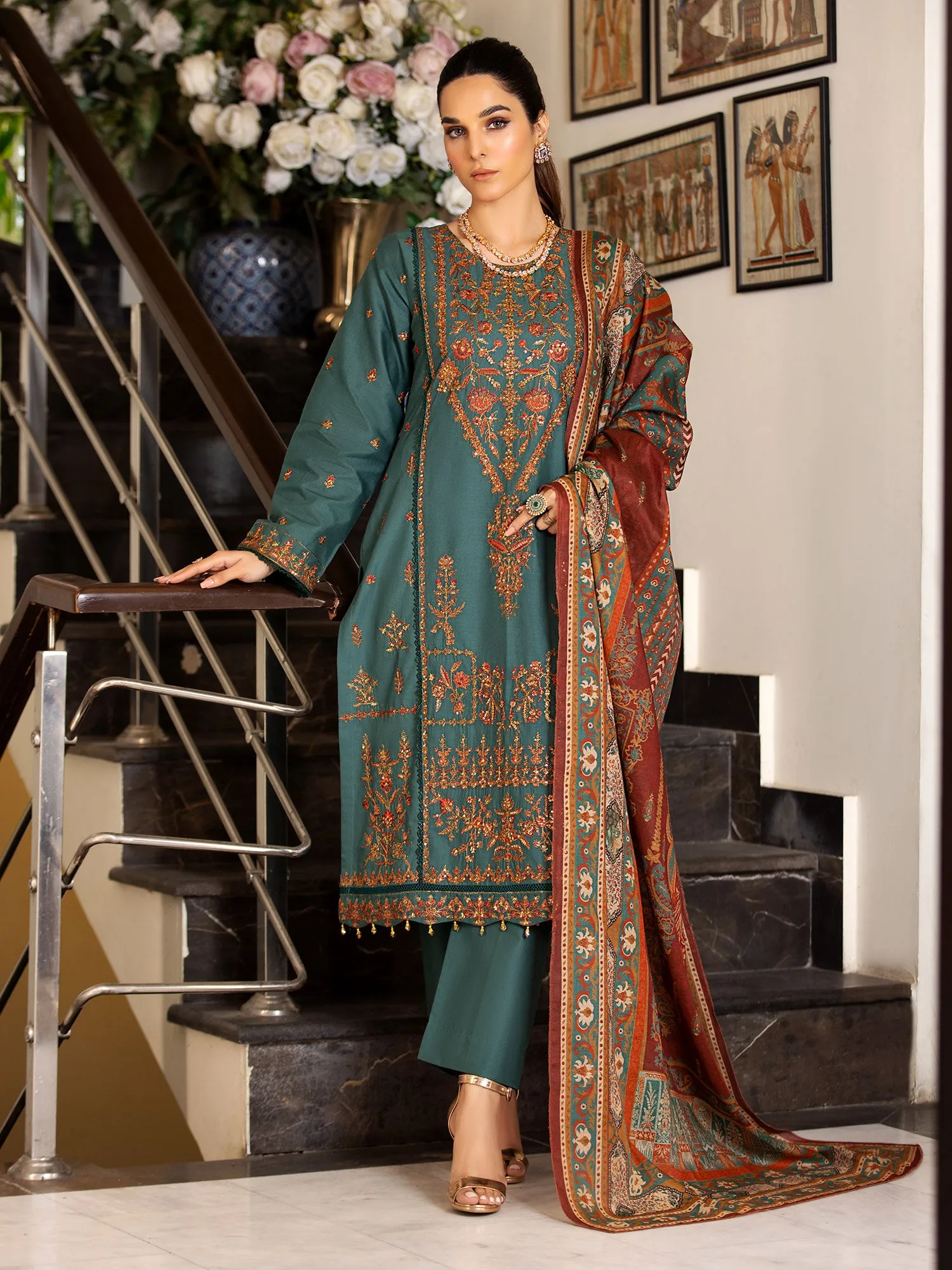 Heera's Green Embroidered Cambric Cotton Suit