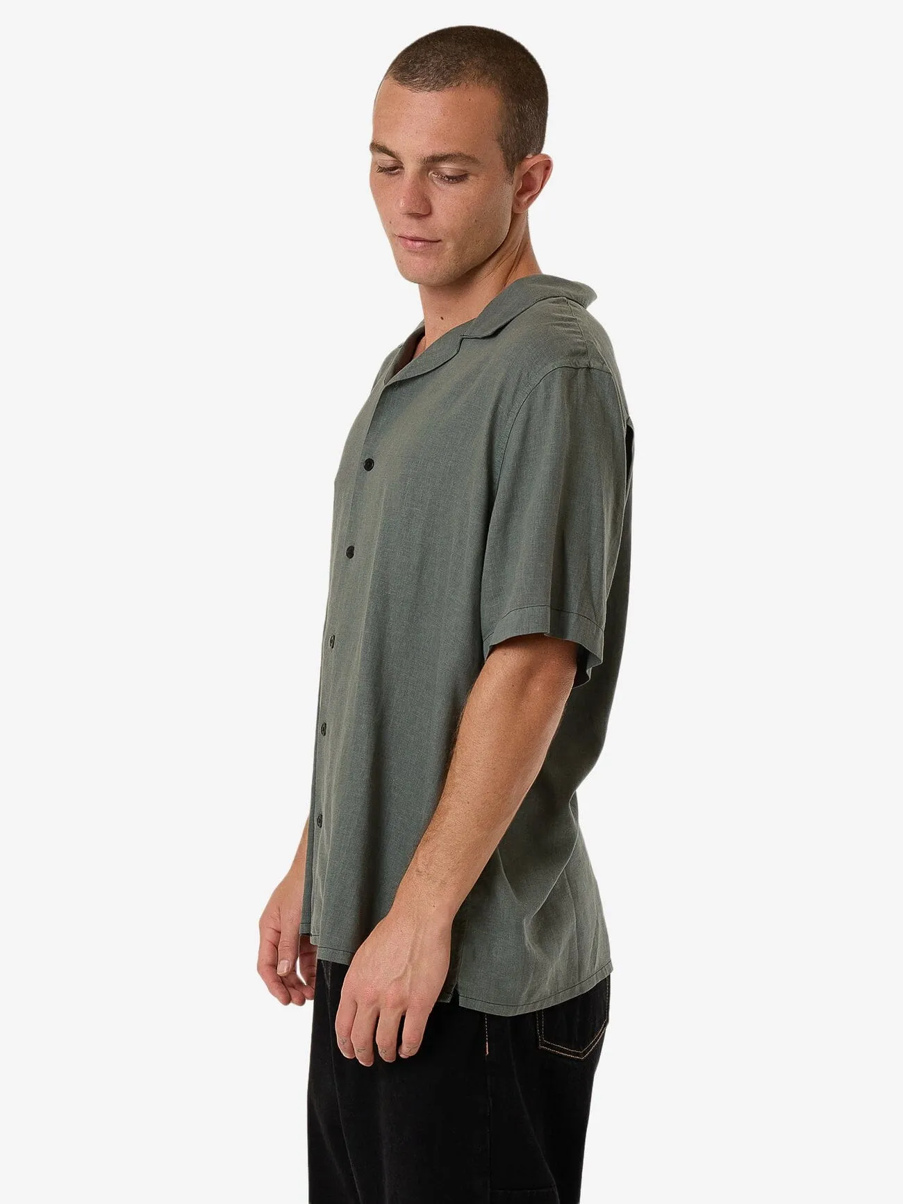 Hemp Minimal Thrills Contrast Stitch Bowling Shirt - Dark Forest