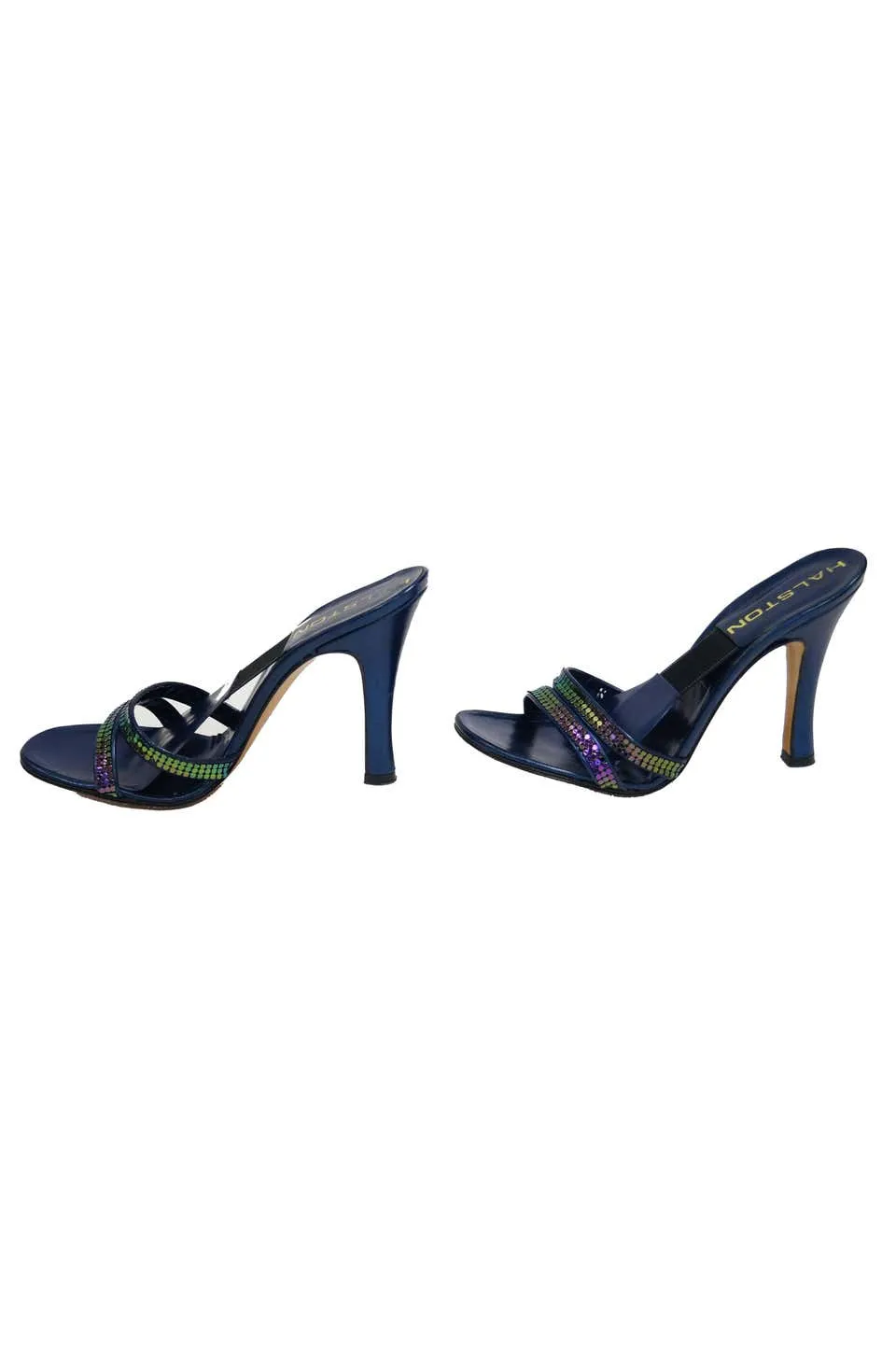 Iconic 1970s Halston Navy with Iridescent Mesh Strap Accent Heel