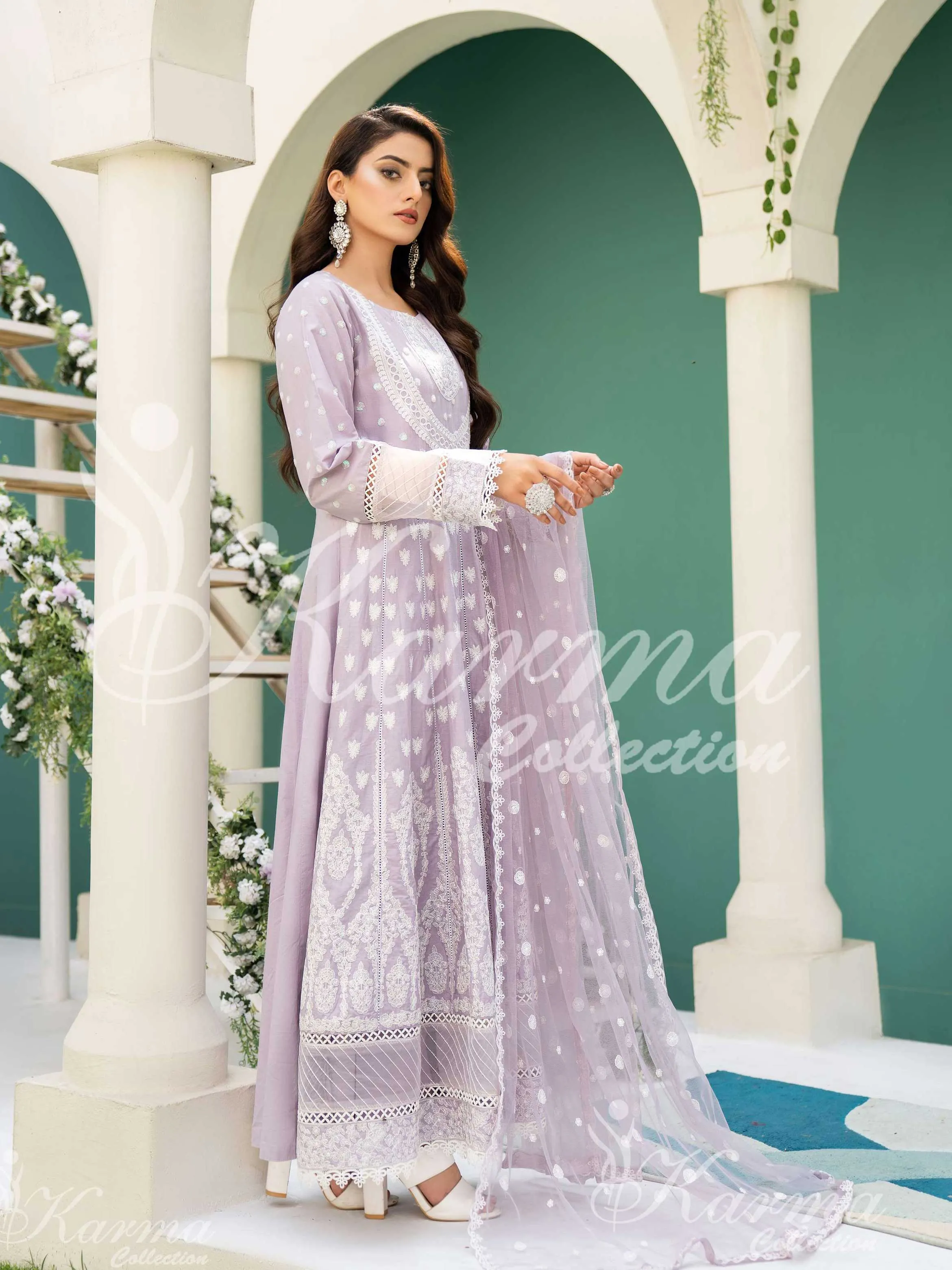 Karma Collection Lilac Embroidered Long Frock 3-Piece Suit (1303)