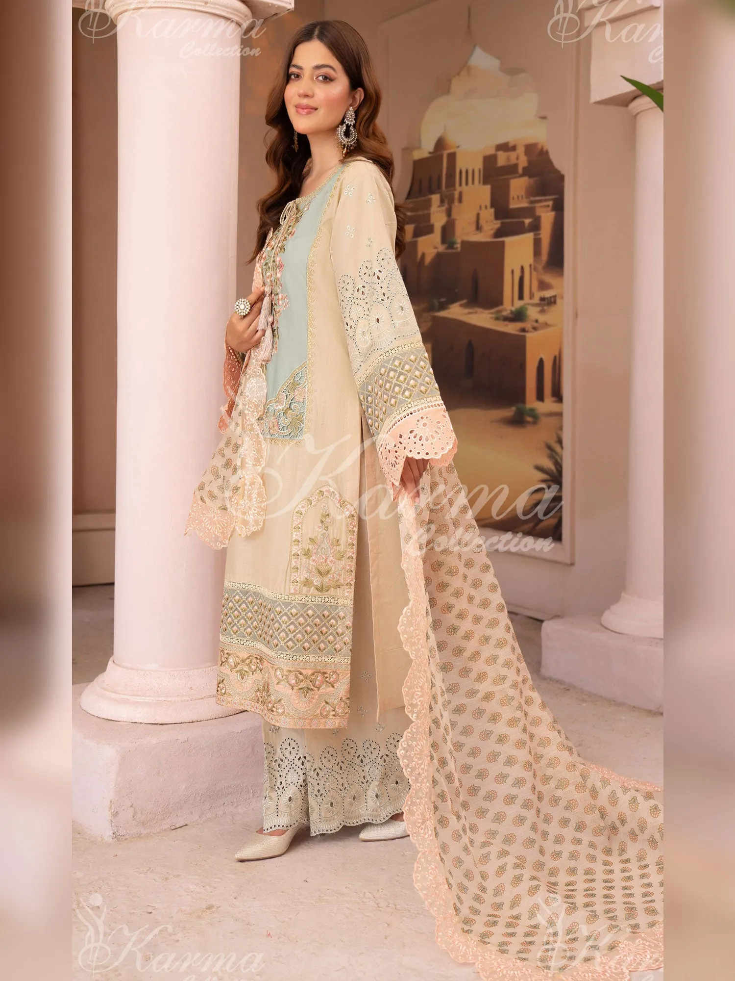 Karma Collection "Naqsh" Beige Cotton Embroidered Suit (KC1355)