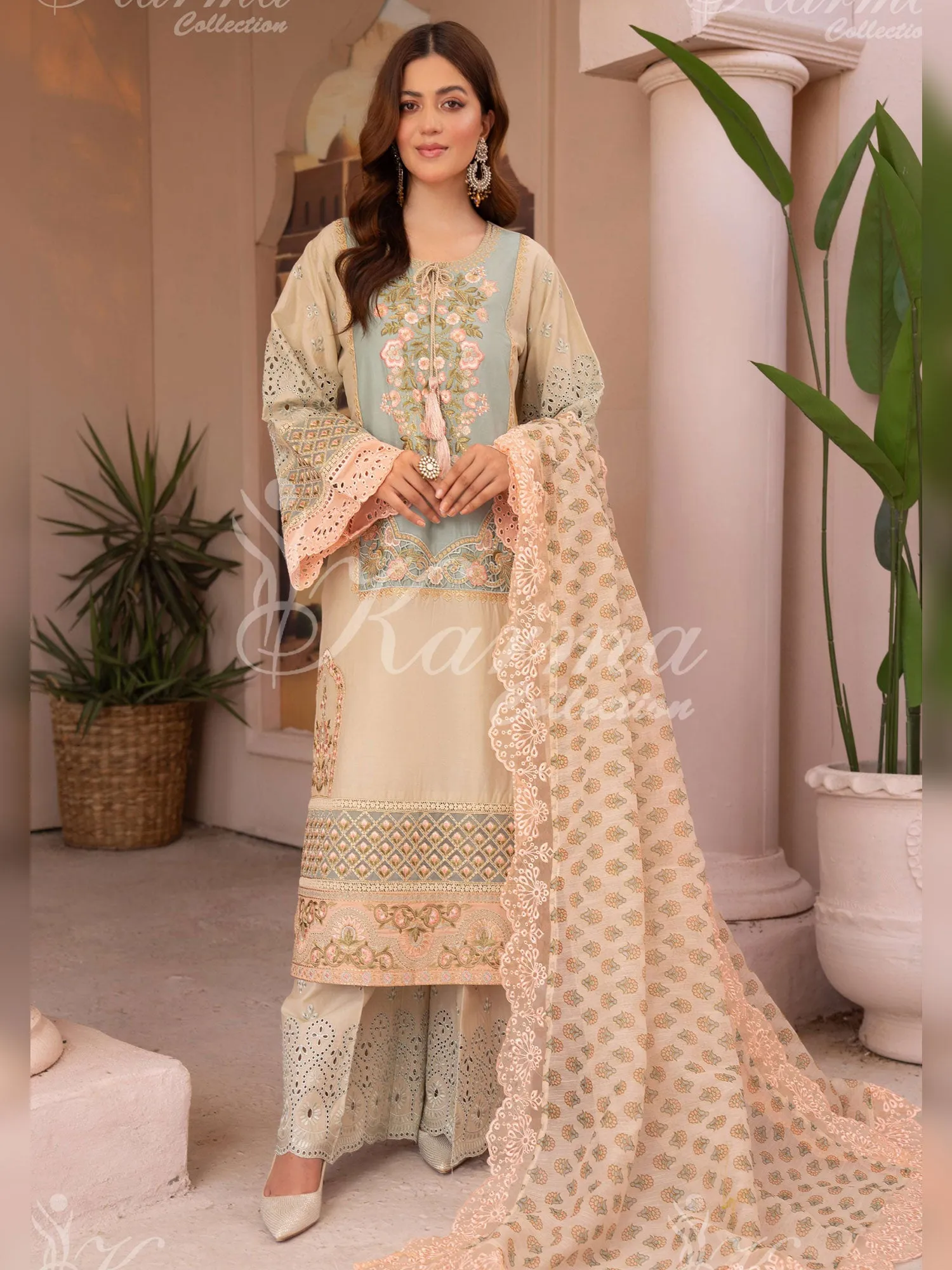 Karma Collection "Naqsh" Beige Cotton Embroidered Suit (KC1355)