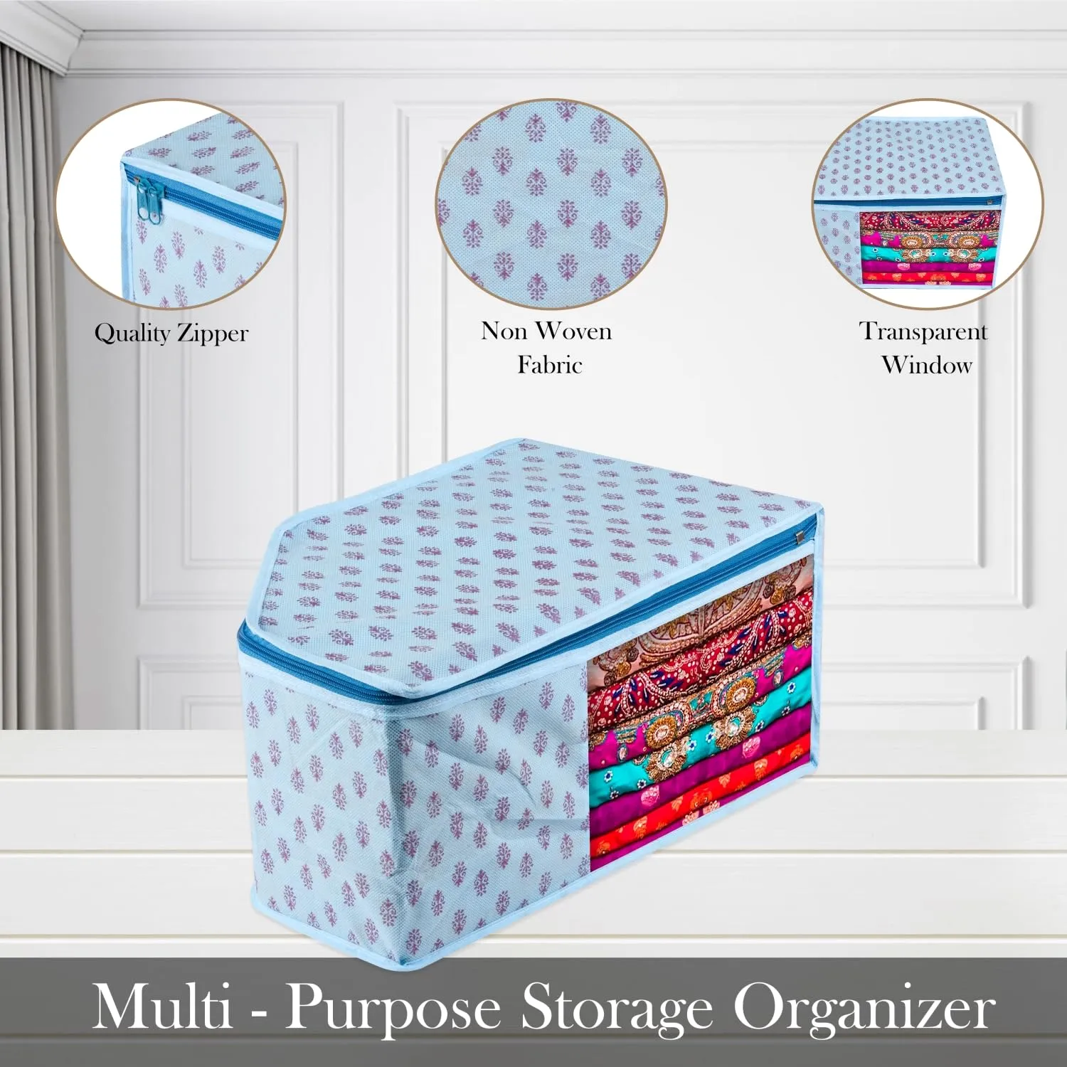 Kuber Industries Blouse Cover | Clothes Storage Bag | Zipper Wardrobe Organizers | Non-Woven Clothes Organiser | Side Transparent Blouse Organizer | Floral-Design | Pack of 3 | Blue