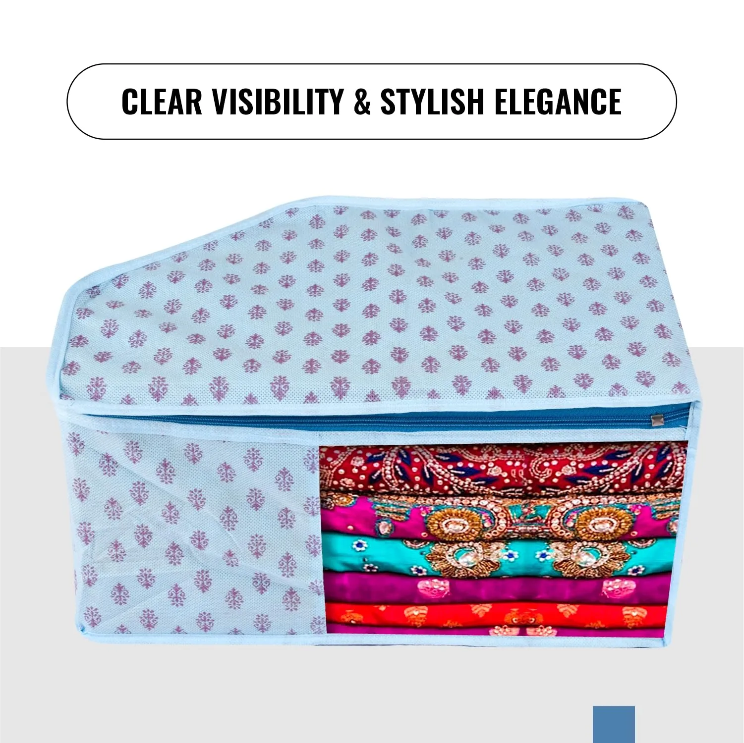 Kuber Industries Blouse Cover | Clothes Storage Bag | Zipper Wardrobe Organizers | Non-Woven Clothes Organiser | Side Transparent Blouse Organizer | Floral-Design | Pack of 3 | Blue