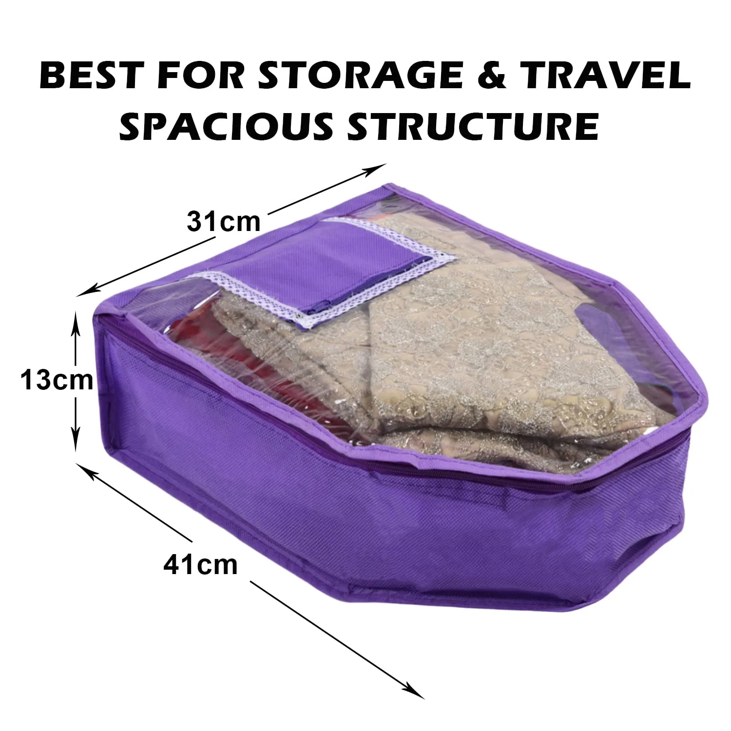 Kuber Industries Blouse Cover | Non Woven Foldable Wardrobe Organizer For Woman | Cloth Organizer Top Transparent & One Small Pocket | Pack of 3 | Purple