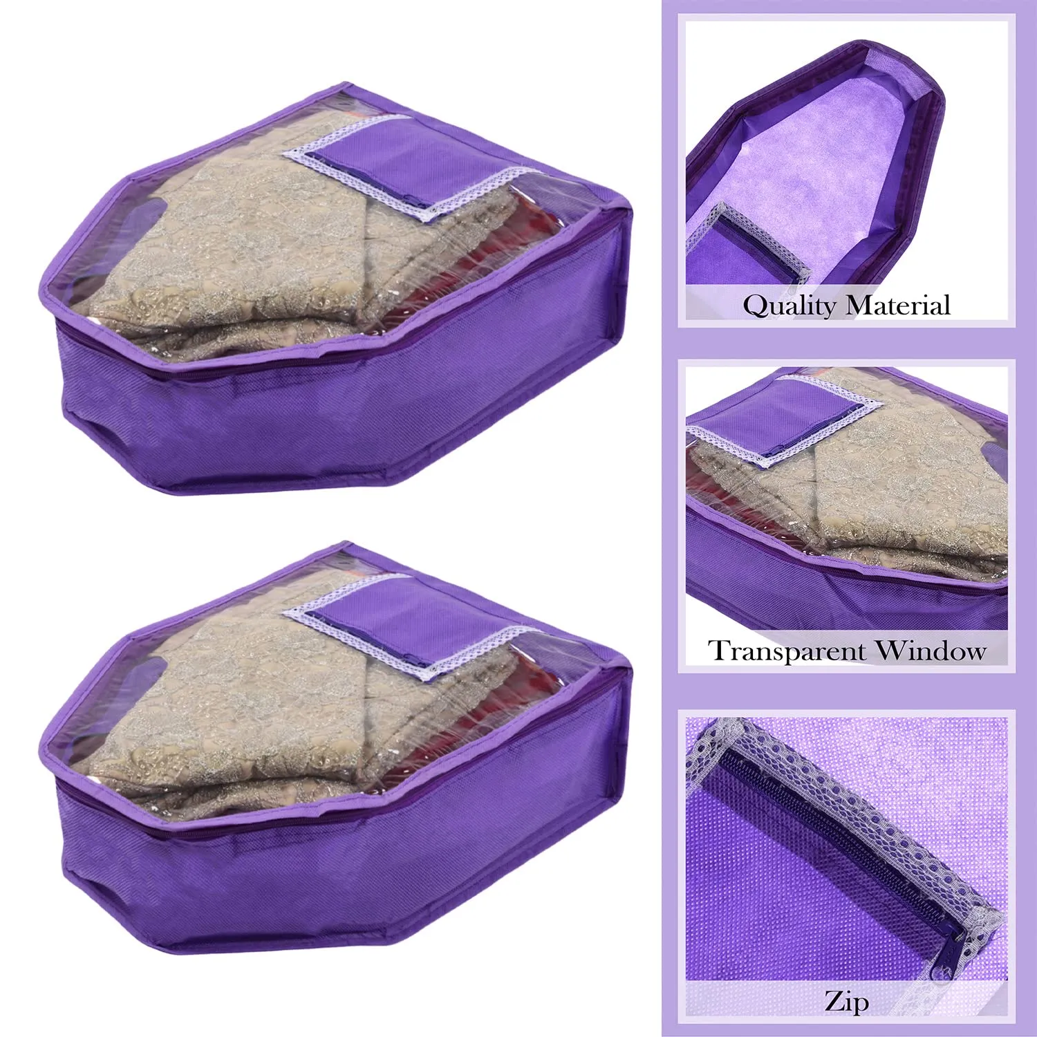 Kuber Industries Blouse Cover | Non Woven Foldable Wardrobe Organizer For Woman | Cloth Organizer Top Transparent & One Small Pocket | Pack of 3 | Purple