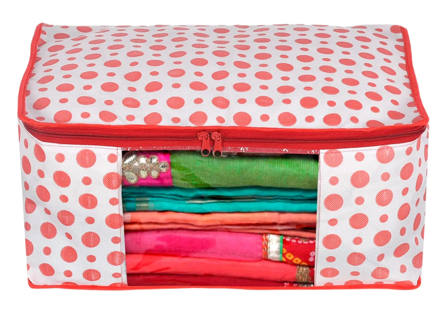 Kuber Industries Dot Printed Foldable, Lightweight Non-Woven Blouse & Saree Cover/Organizer Set With Tranasparent Window- Pack of 4 (Pink)-46KM0473