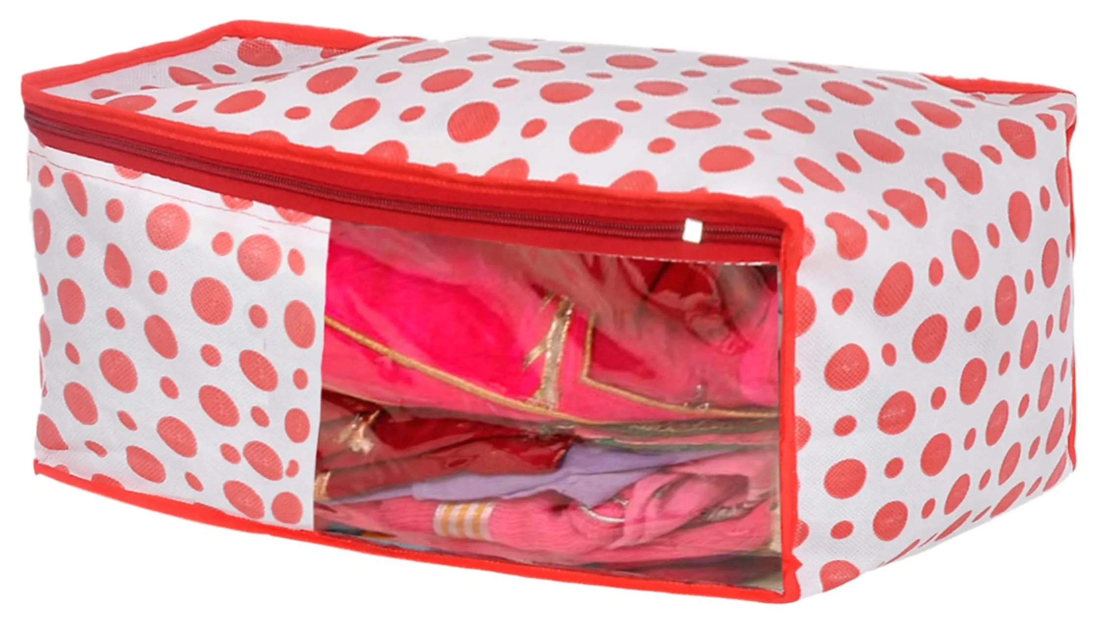 Kuber Industries Dot Printed Foldable, Lightweight Non-Woven Blouse & Saree Cover/Organizer Set With Tranasparent Window- Pack of 4 (Pink)-46KM0473