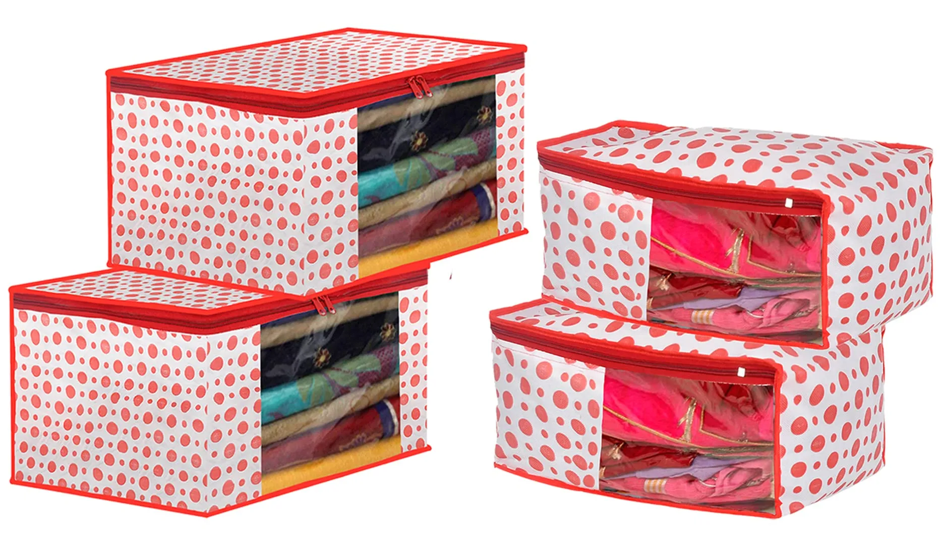 Kuber Industries Dot Printed Foldable, Lightweight Non-Woven Blouse & Saree Cover/Organizer Set With Tranasparent Window- Pack of 4 (Pink)-46KM0473