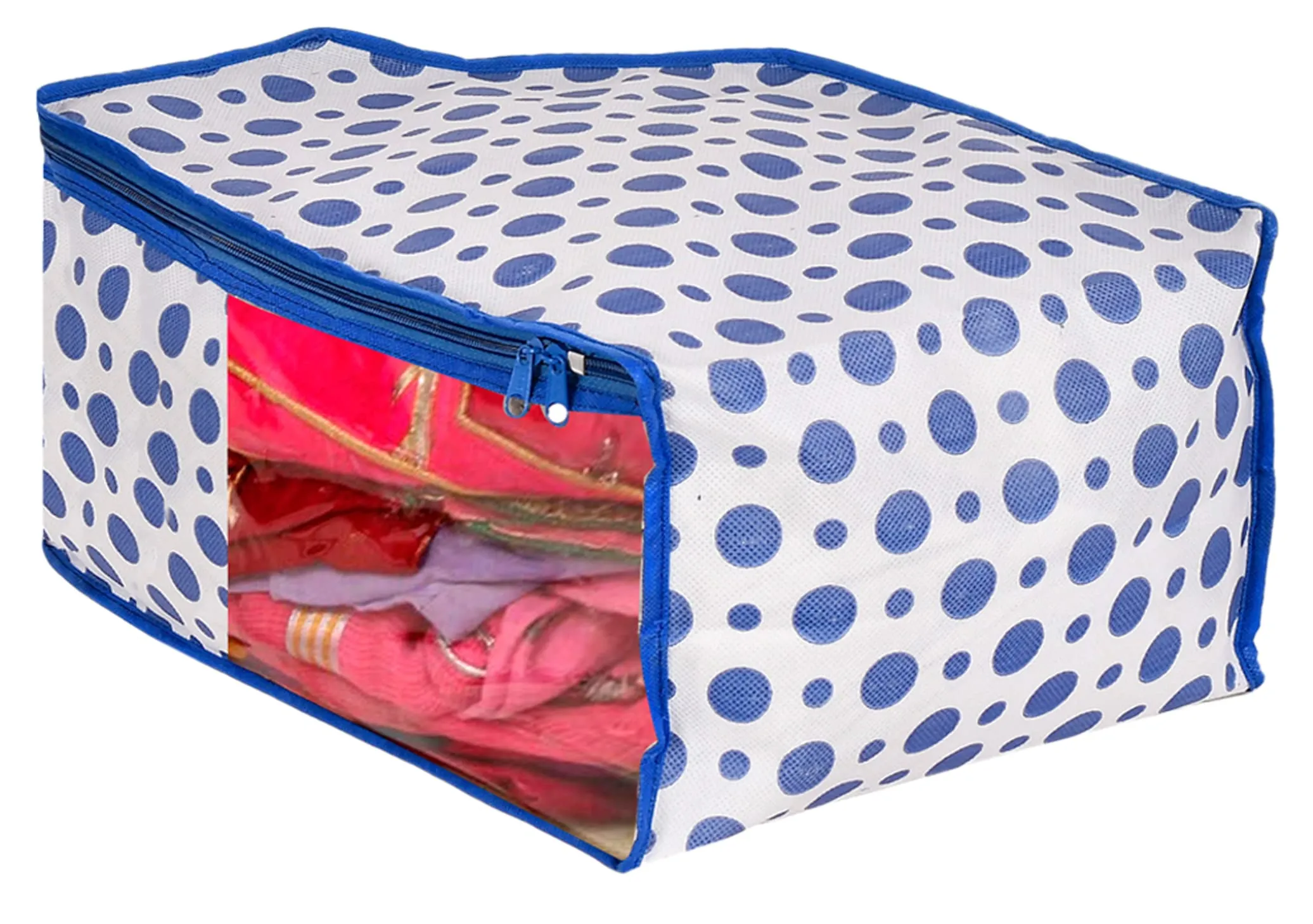 Kuber Industries Dot Printed Non-Woven Blouse & Saree Cover, Cloth Organizer, Wardrobe Organiser Set With Tranasparent Window- Pack of 2 (Blue)-46KM0466