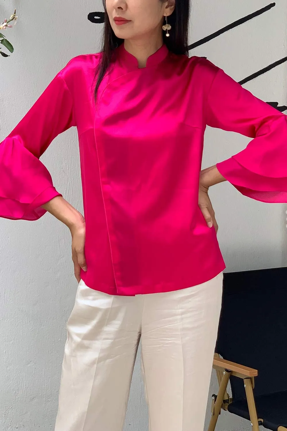 MATILDA Silk Blouse w/ Ruffle QRT Slv (Fuchsia)