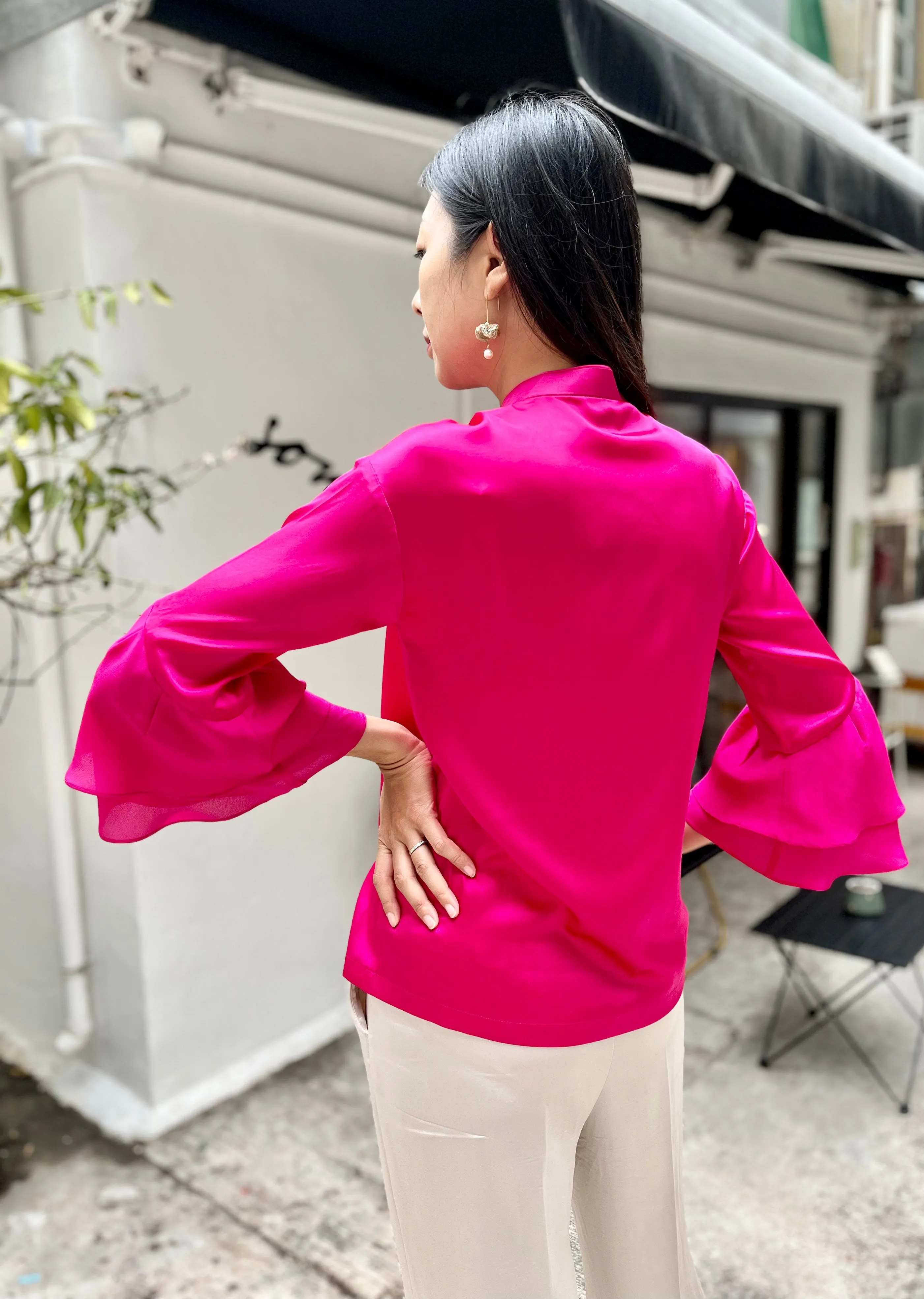 MATILDA Silk Blouse w/ Ruffle QRT Slv (Fuchsia)