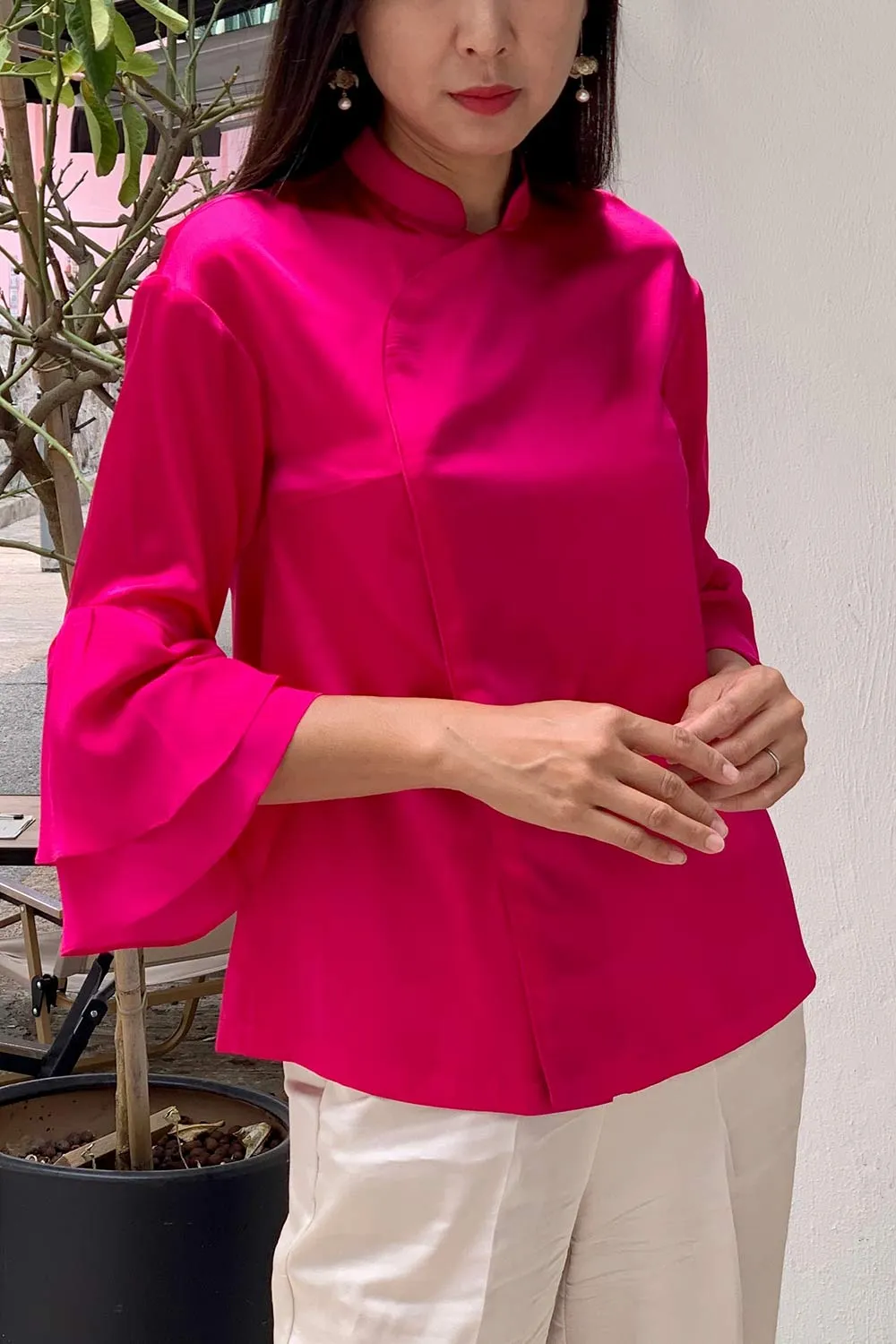 MATILDA Silk Blouse w/ Ruffle QRT Slv (Fuchsia)