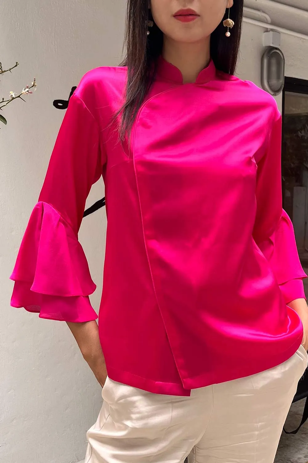 MATILDA Silk Blouse w/ Ruffle QRT Slv (Fuchsia)