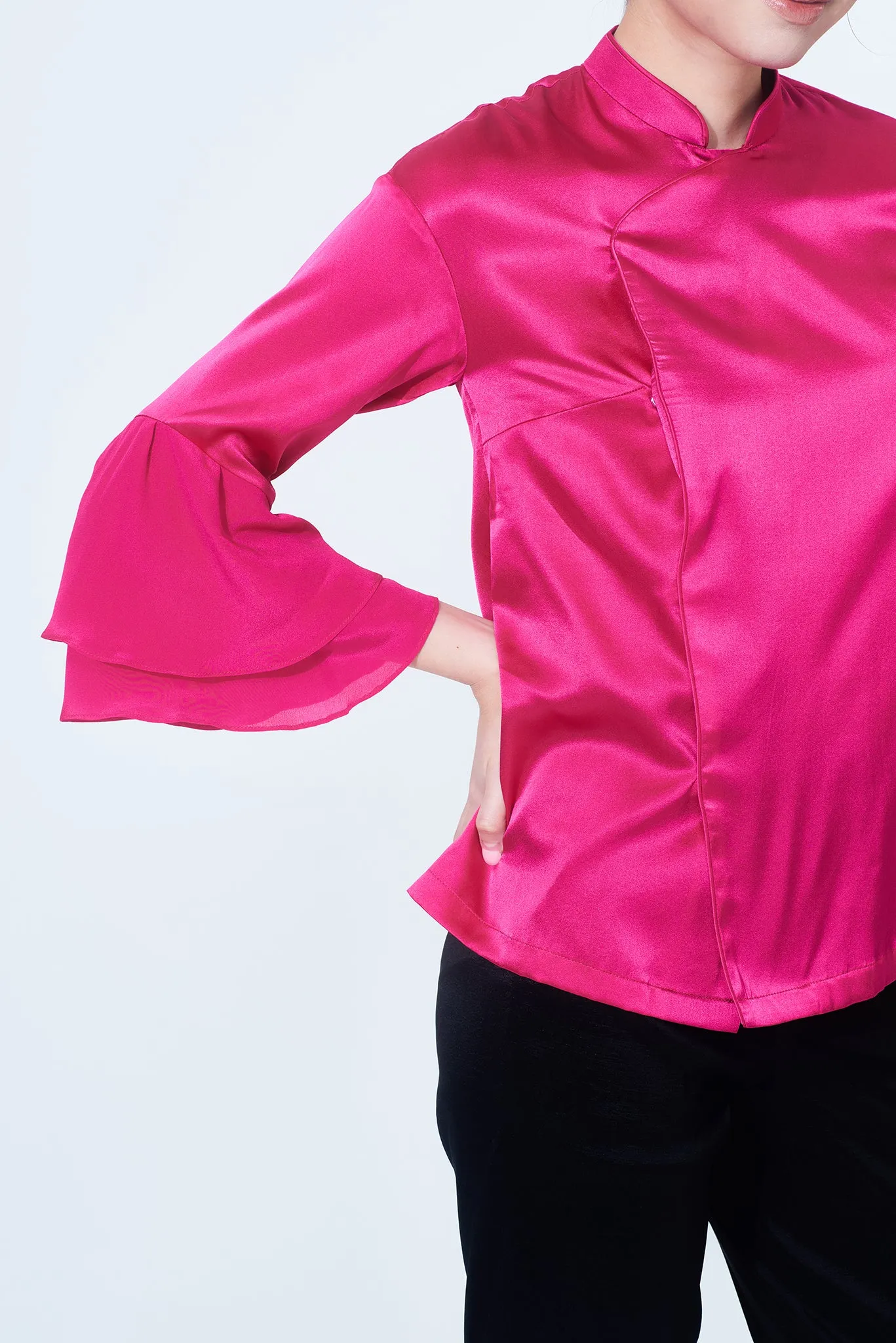 MATILDA Silk Blouse w/ Ruffle QRT Slv (Fuchsia)