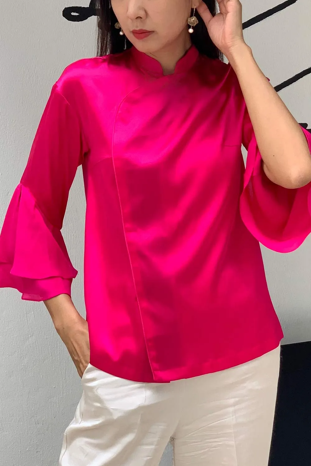 MATILDA Silk Blouse w/ Ruffle QRT Slv (Fuchsia)