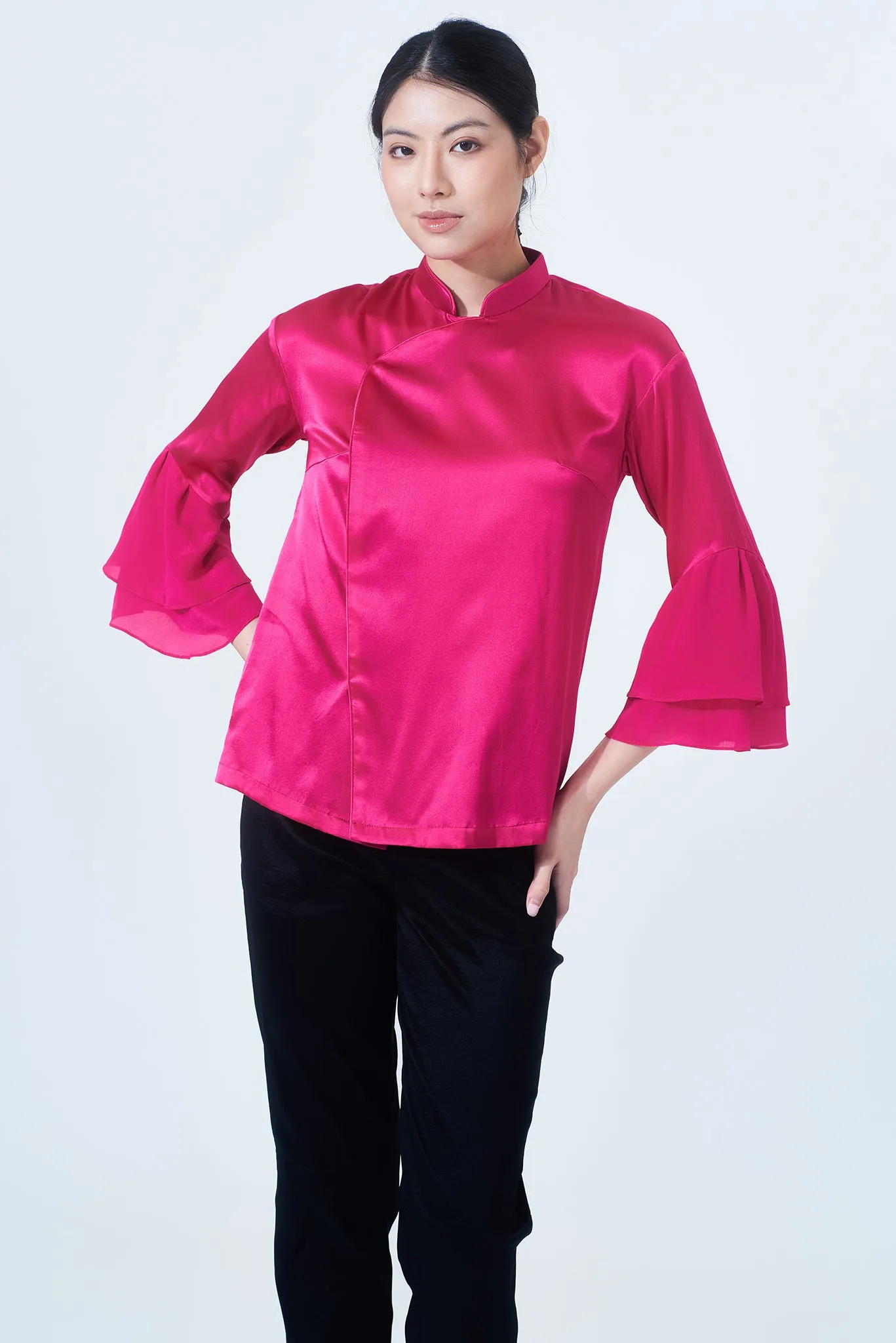 MATILDA Silk Blouse w/ Ruffle QRT Slv (Fuchsia)