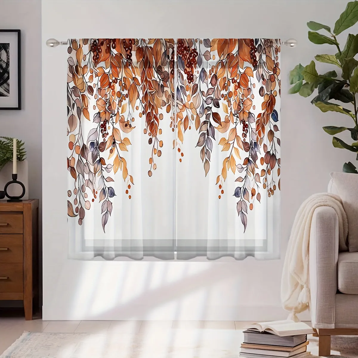 Modern Leaf Pattern Semi-Sheer Curtain Panels - Machine Washable Twill Weave Polyester Door Panel for Living Room, Unlined Rod Pocket Drapes, Decorative Leafy Vine Branch Design, All-Season Use (Set of 2)