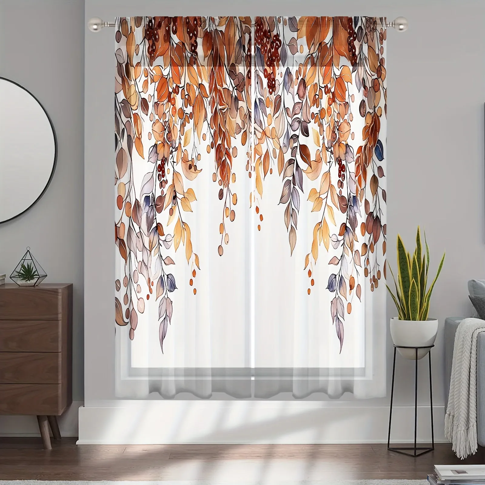 Modern Leaf Pattern Semi-Sheer Curtain Panels - Machine Washable Twill Weave Polyester Door Panel for Living Room, Unlined Rod Pocket Drapes, Decorative Leafy Vine Branch Design, All-Season Use (Set of 2)