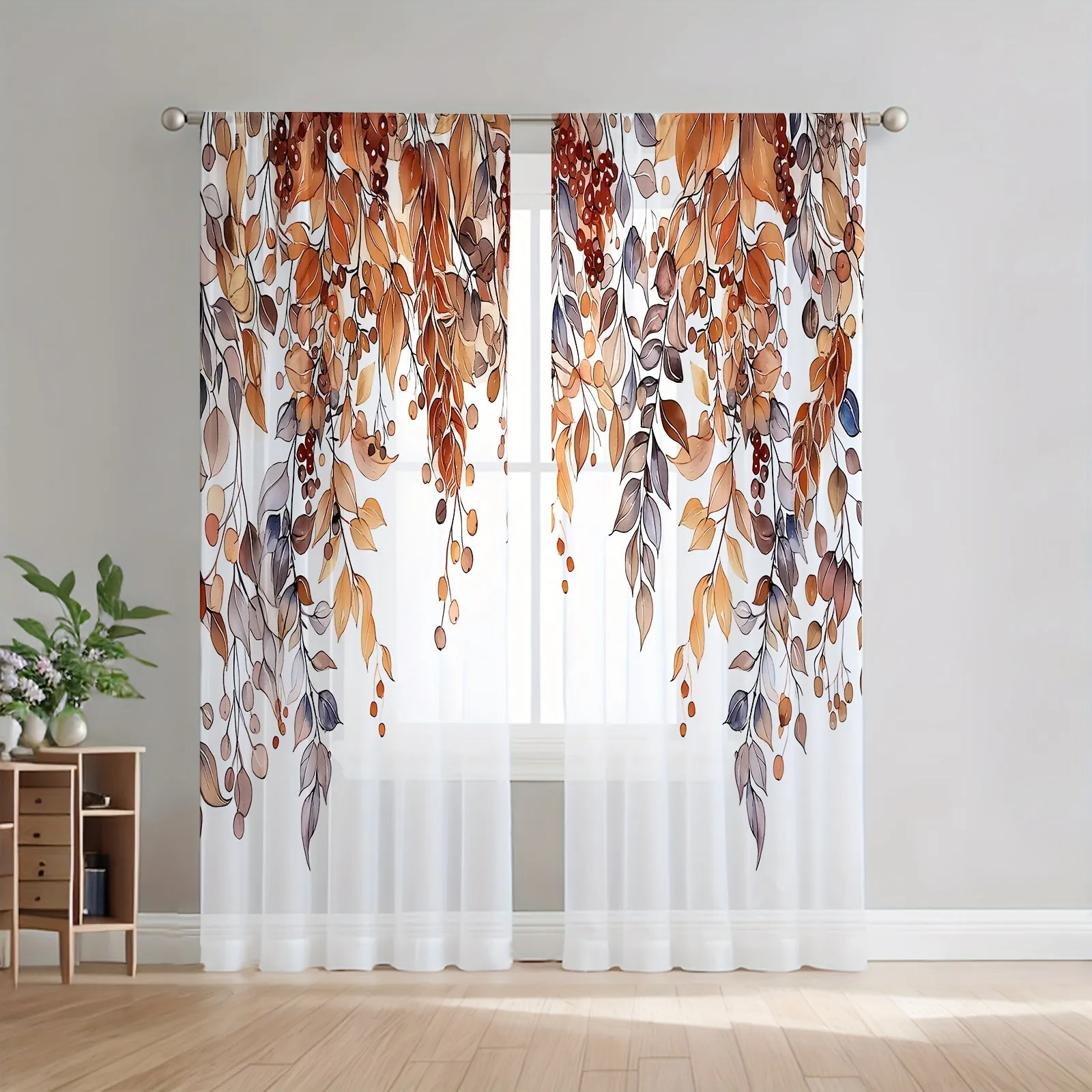 Modern Leaf Pattern Semi-Sheer Curtain Panels - Machine Washable Twill Weave Polyester Door Panel for Living Room, Unlined Rod Pocket Drapes, Decorative Leafy Vine Branch Design, All-Season Use (Set of 2)