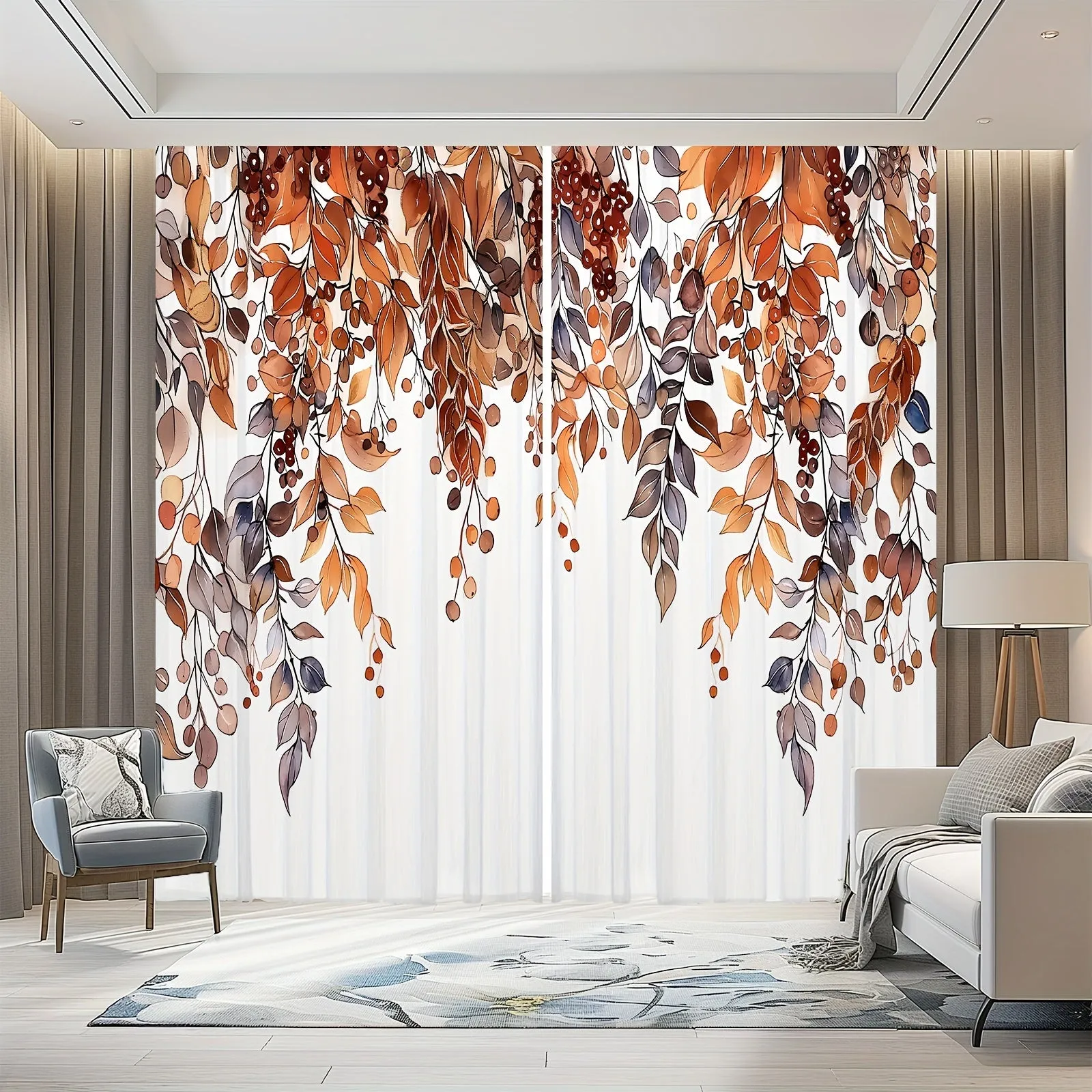 Modern Leaf Pattern Semi-Sheer Curtain Panels - Machine Washable Twill Weave Polyester Door Panel for Living Room, Unlined Rod Pocket Drapes, Decorative Leafy Vine Branch Design, All-Season Use (Set of 2)