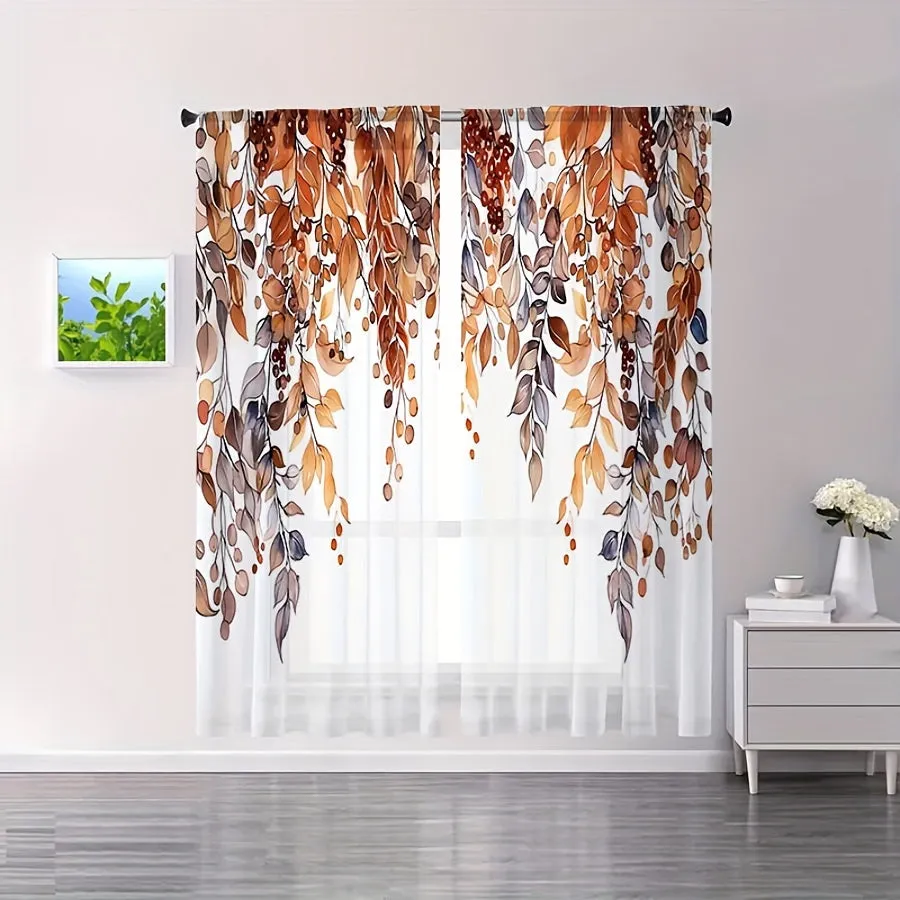 Modern Leaf Pattern Semi-Sheer Curtain Panels - Machine Washable Twill Weave Polyester Door Panel for Living Room, Unlined Rod Pocket Drapes, Decorative Leafy Vine Branch Design, All-Season Use (Set of 2)