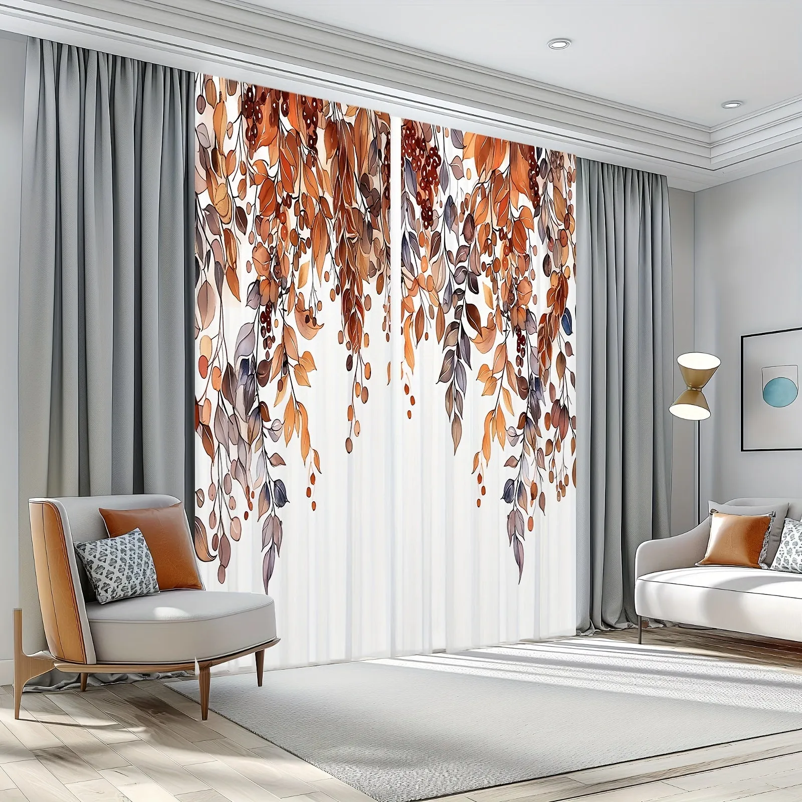 Modern Leaf Pattern Semi-Sheer Curtain Panels - Machine Washable Twill Weave Polyester Door Panel for Living Room, Unlined Rod Pocket Drapes, Decorative Leafy Vine Branch Design, All-Season Use (Set of 2)