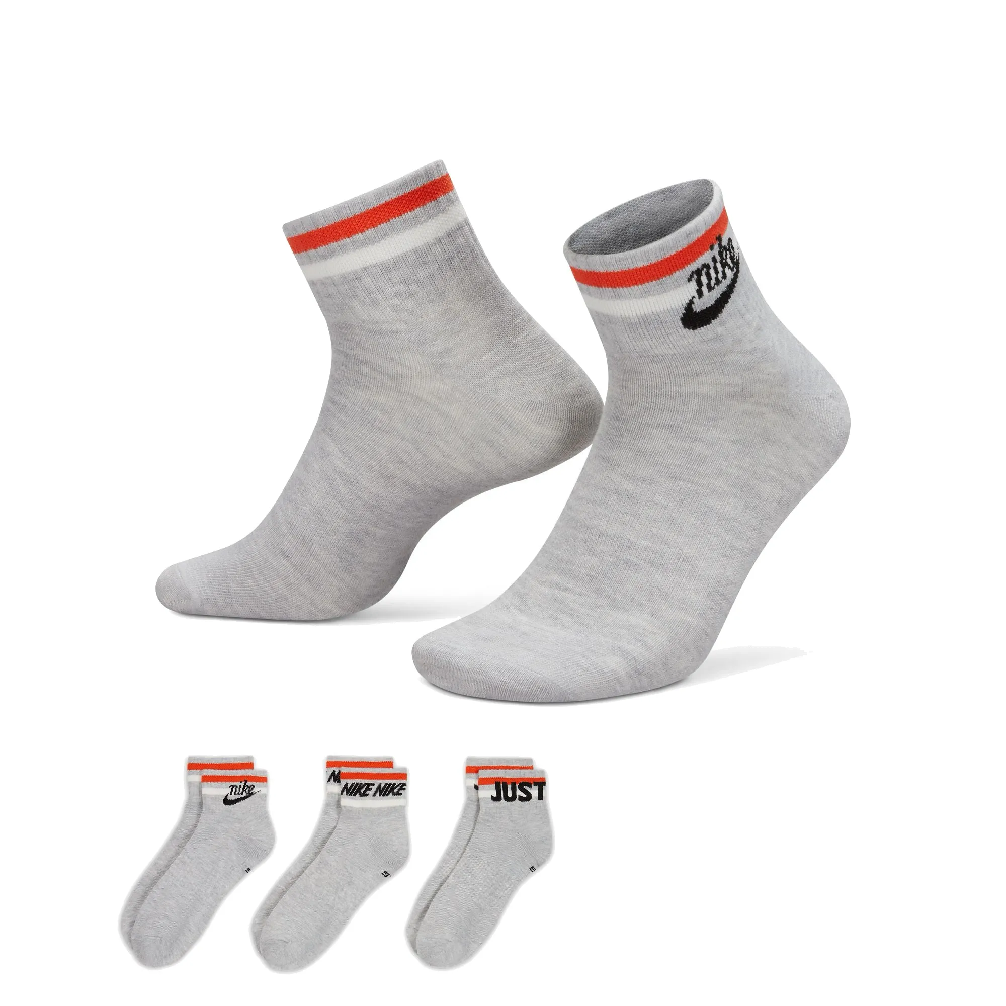 Nike Everyday Essential Ankle 3 Pack Socks - Grey Heather/Black/White/Orange