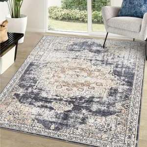 Oriental Medallion Printed Area Rug, 9x12 Low Profile Pile Rubber Backing Indoor Vintage Rugs, Ideal for Living Room Dining Room Bedroom Office, Blue