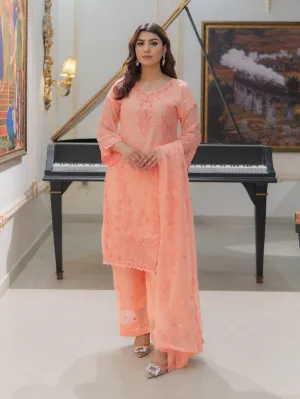 Peach Embroidered Chiffon 3-Piece Suit with Palazzo