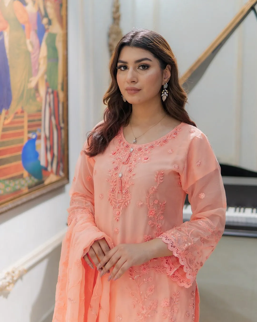 Peach Embroidered Chiffon 3-Piece Suit with Palazzo