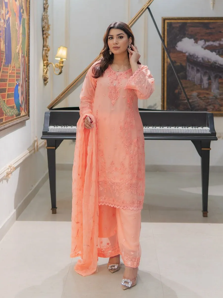 Peach Embroidered Chiffon 3-Piece Suit with Palazzo