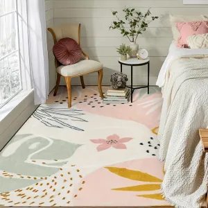 Pink Bohemian Rug - 180x120 Cm/70.8647.24" Washable, Non Slip, Soft, Abstract Plant Print, Throw, Cute, Interior, Bedroom, Living Room, Kitchen, Entrance, Laundry, Dining Room Rug