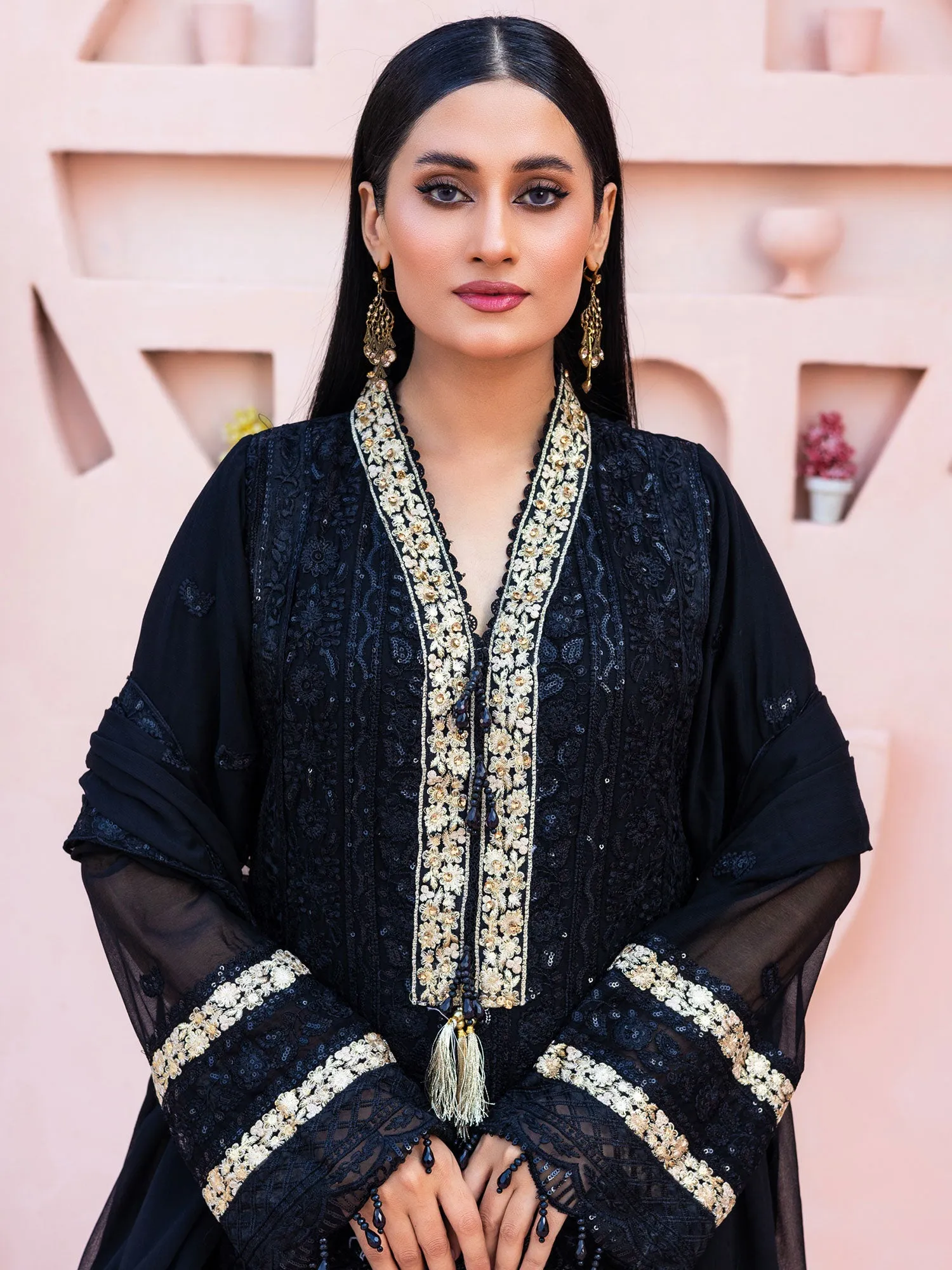 Rangz "Zara" Luxury Embroidered Chiffon Suit - Black