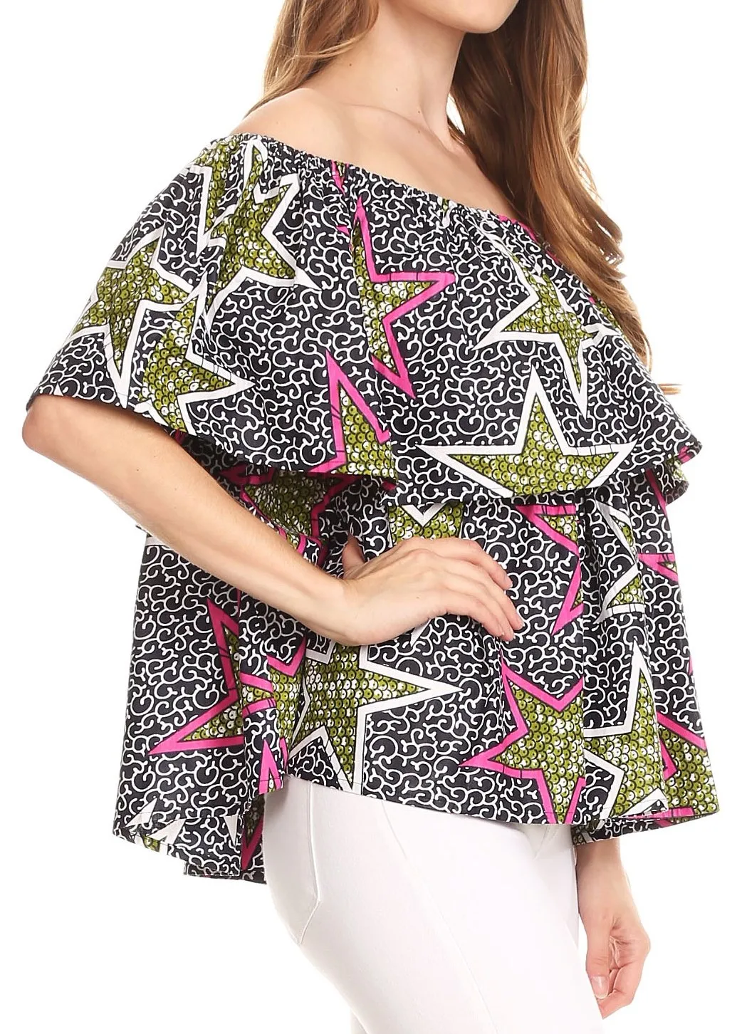 Sakkas Imani Colorful Wax African Ankara Dutch Off-shoulder Blouse Top Gorgeous