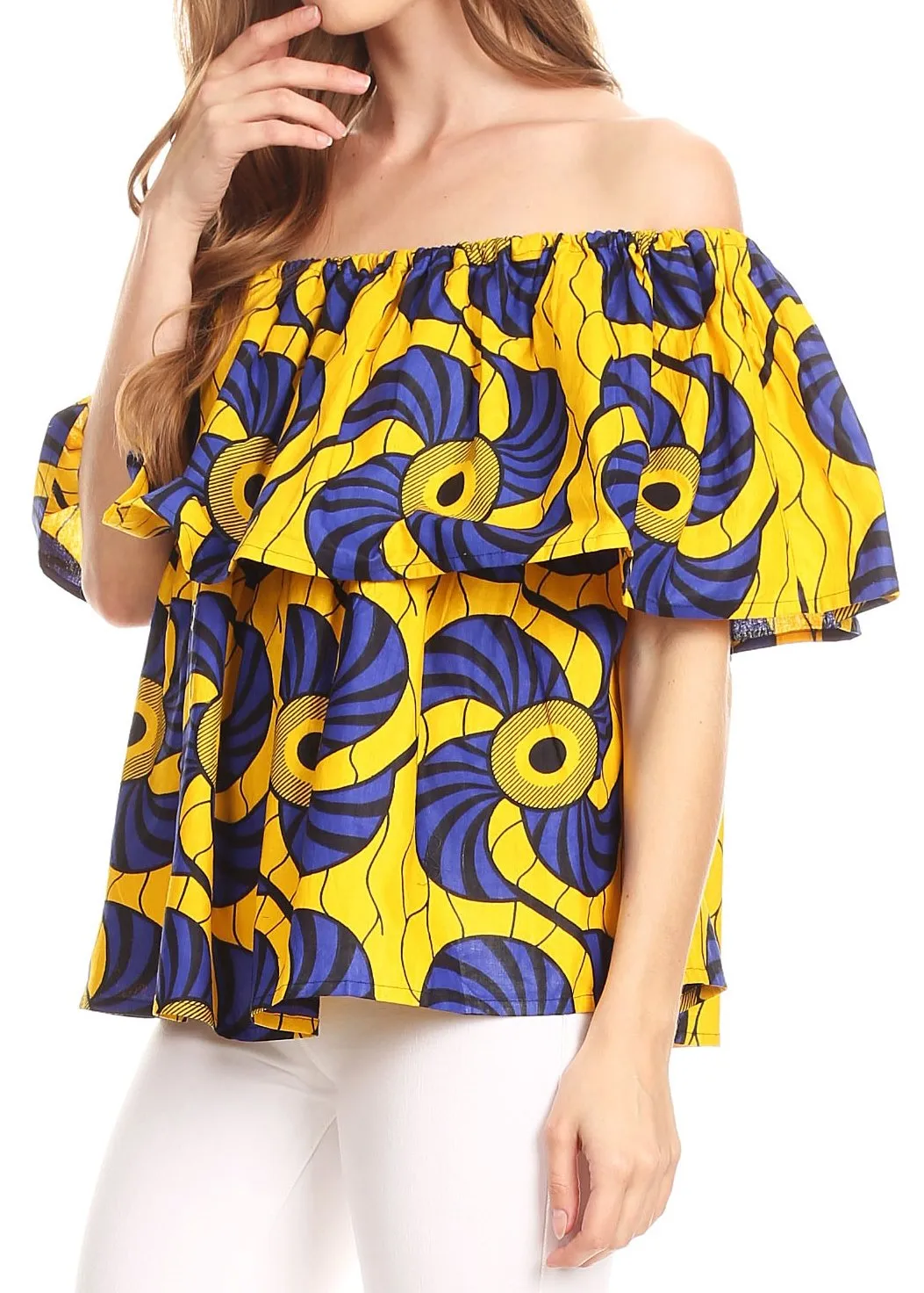 Sakkas Imani Colorful Wax African Ankara Dutch Off-shoulder Blouse Top Gorgeous