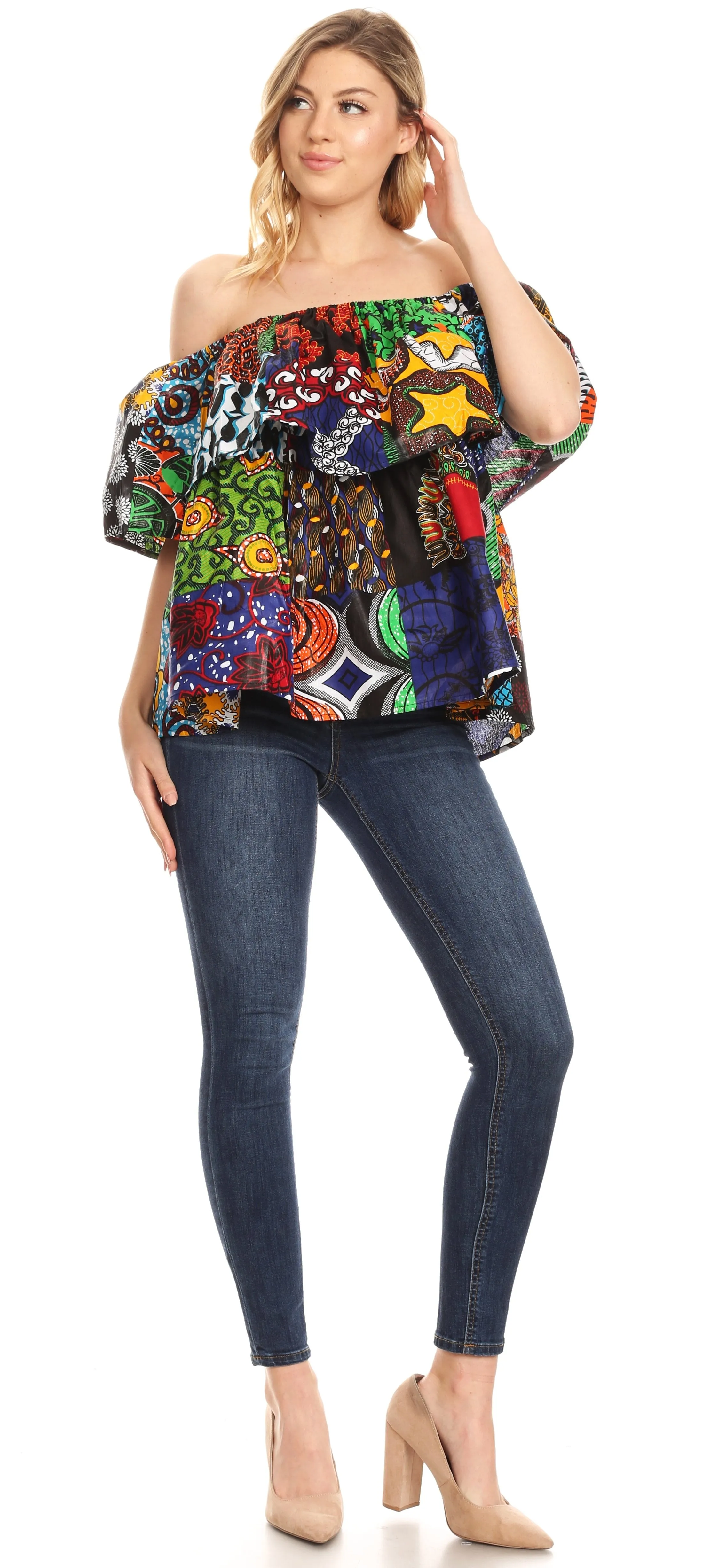 Sakkas Imani Colorful Wax African Ankara Dutch Off-shoulder Blouse Top Gorgeous