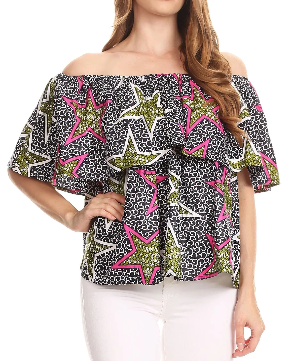 Sakkas Imani Colorful Wax African Ankara Dutch Off-shoulder Blouse Top Gorgeous