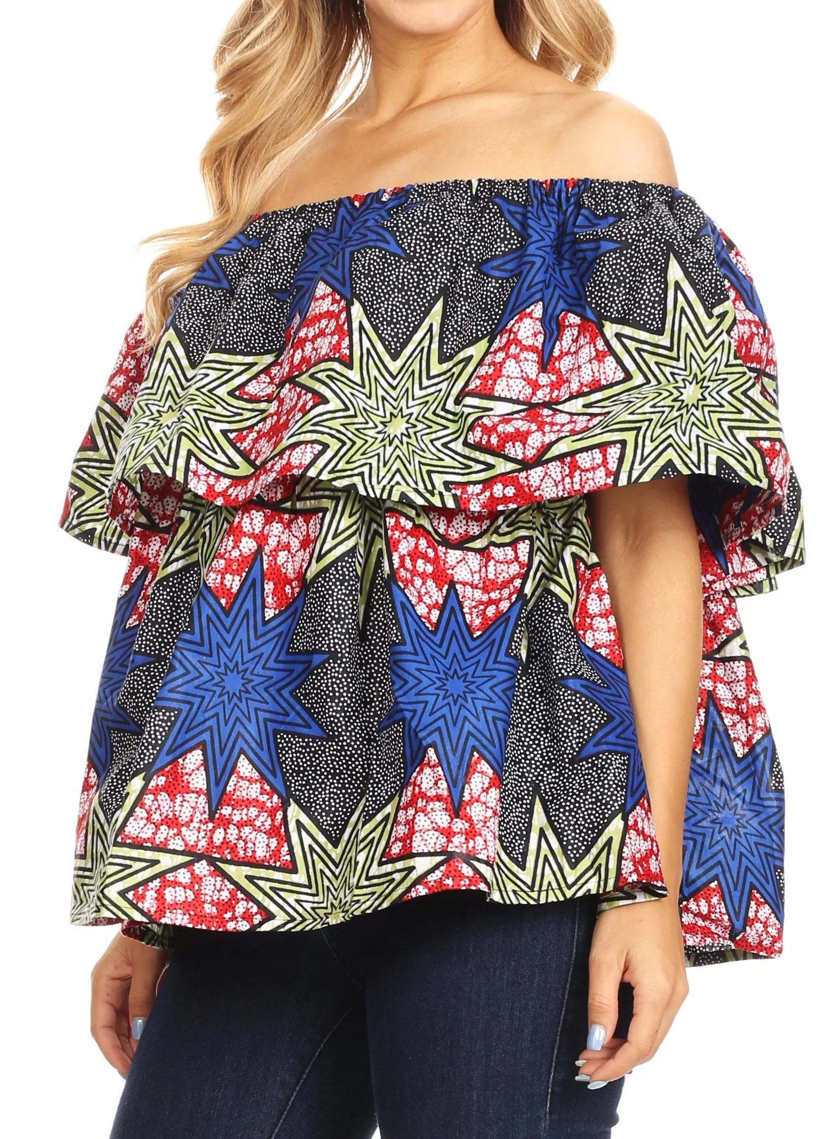 Sakkas Imani Colorful Wax African Ankara Dutch Off-shoulder Blouse Top Gorgeous