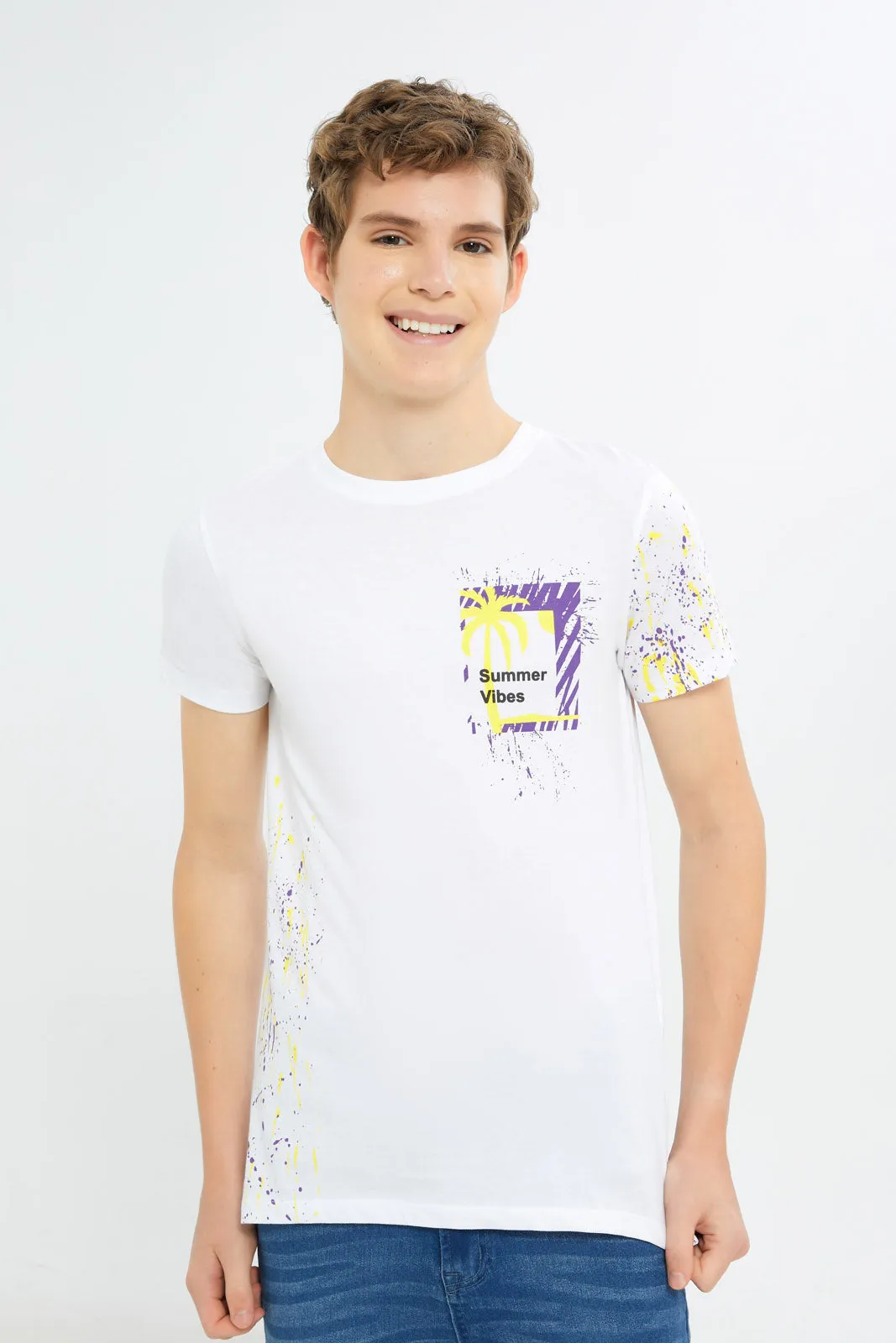 Senior Boys Printed White T-Shirt