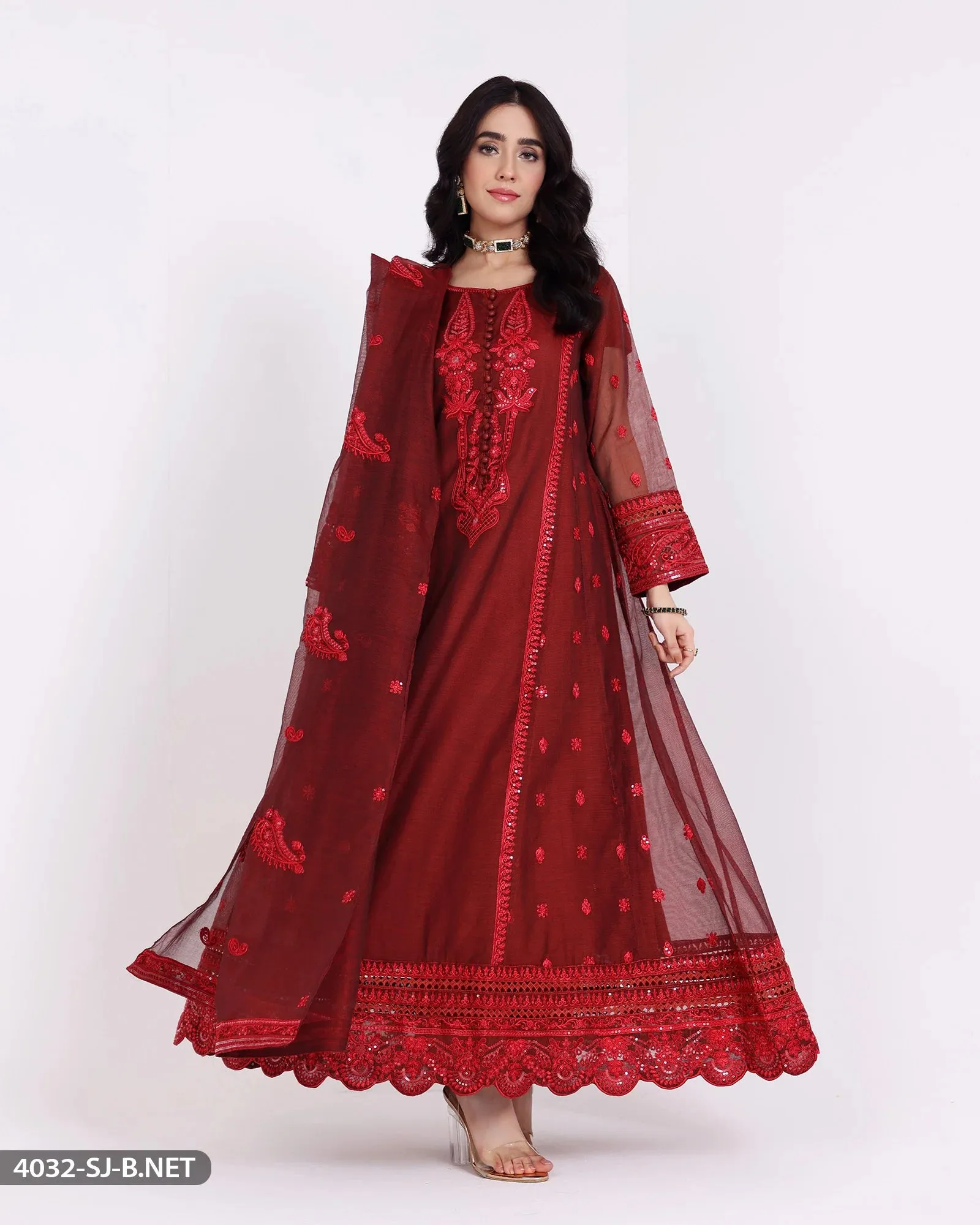 Sha Posh Embroidered Bori Net Maxi Suit - Rust Red