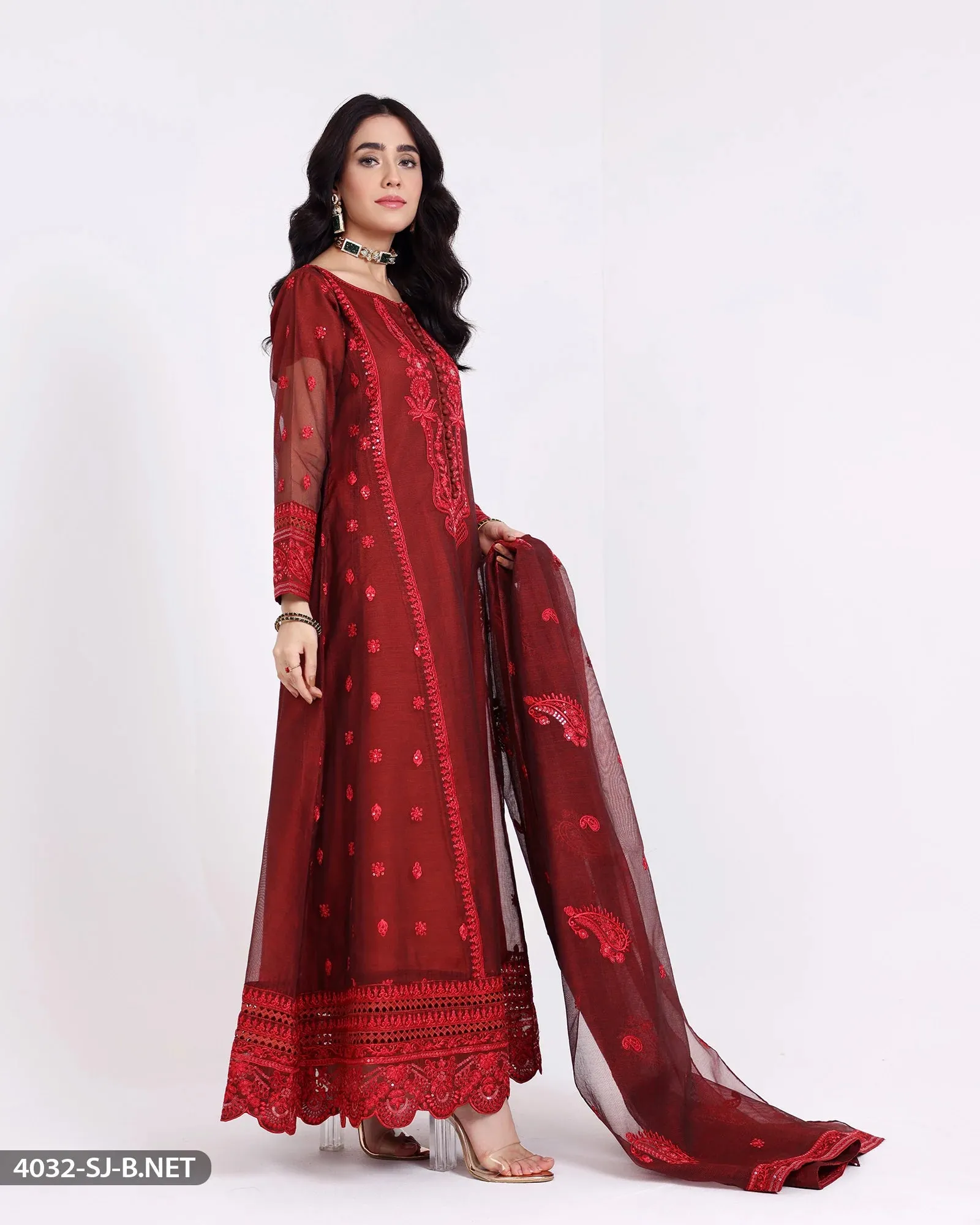 Sha Posh Embroidered Bori Net Maxi Suit - Rust Red