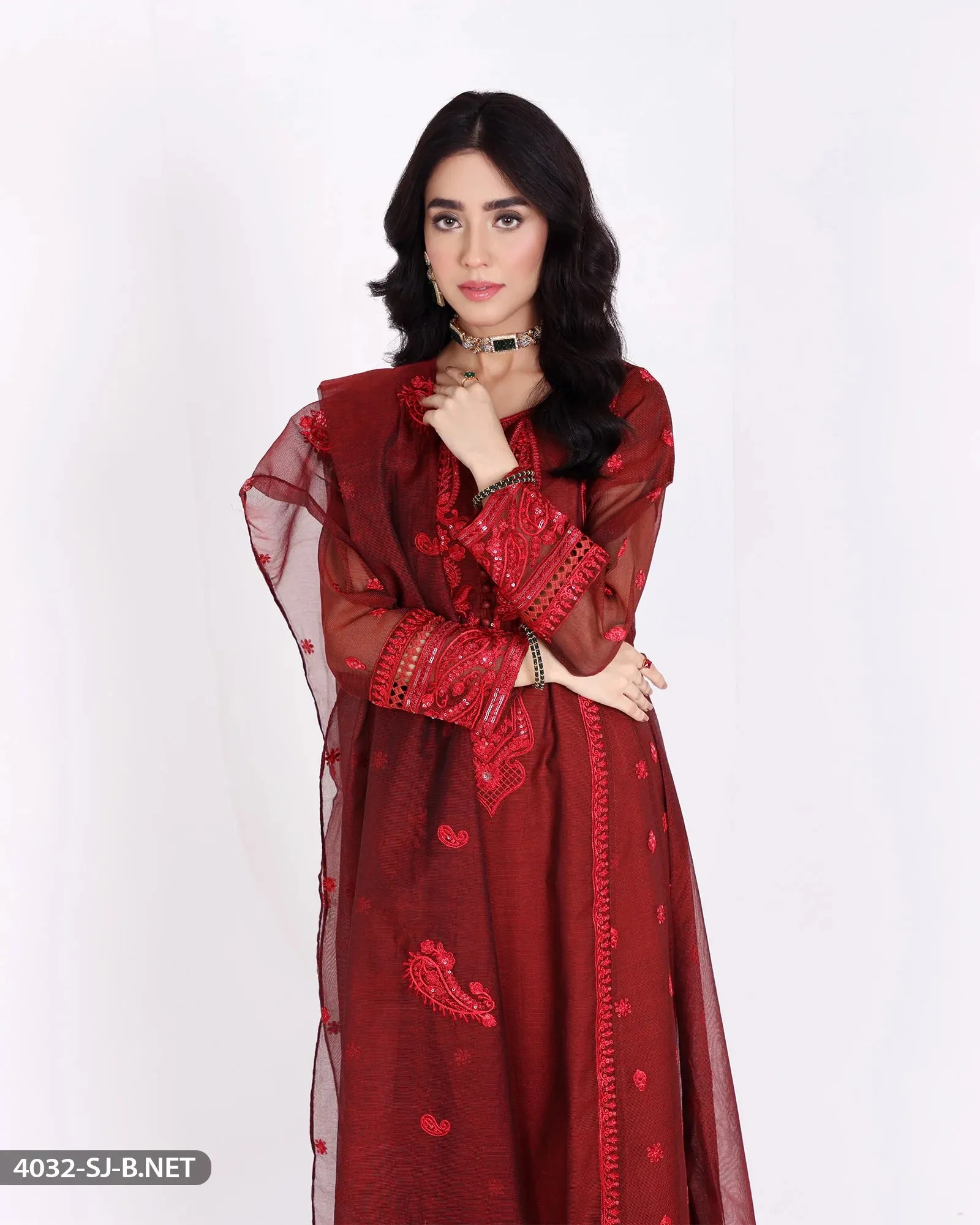 Sha Posh Embroidered Bori Net Maxi Suit - Rust Red