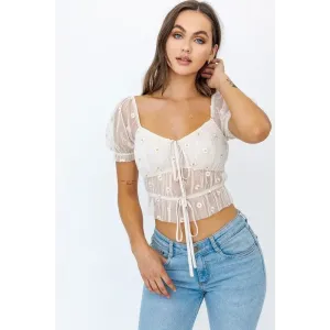 SHORT SLEEVE RUCHED EMBROIDERY CROP TOP