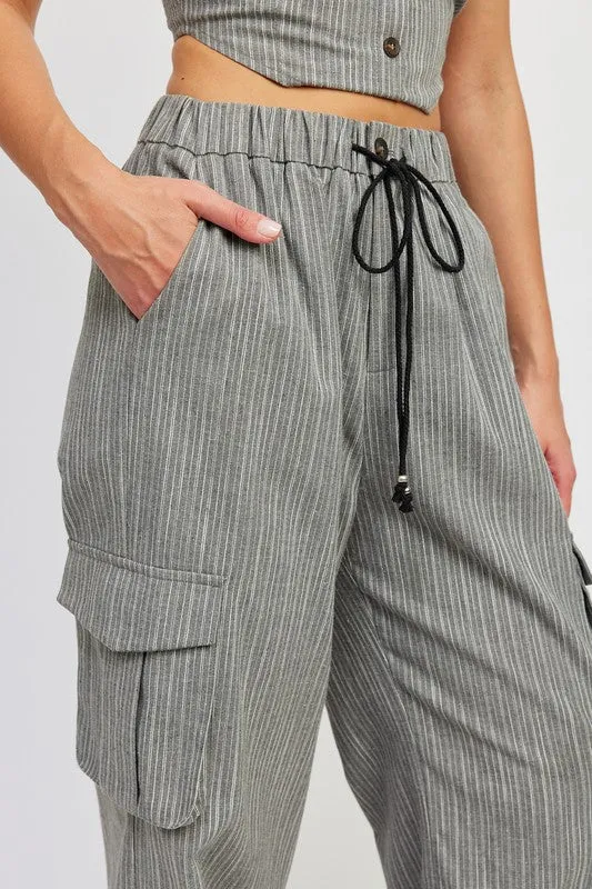 Striped Cargo Pants With Waist Drawstring