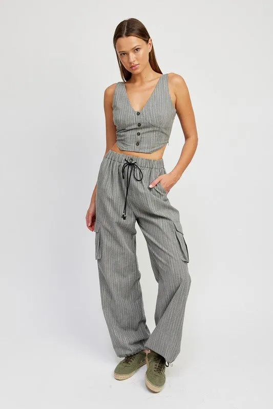 Striped Cargo Pants With Waist Drawstring