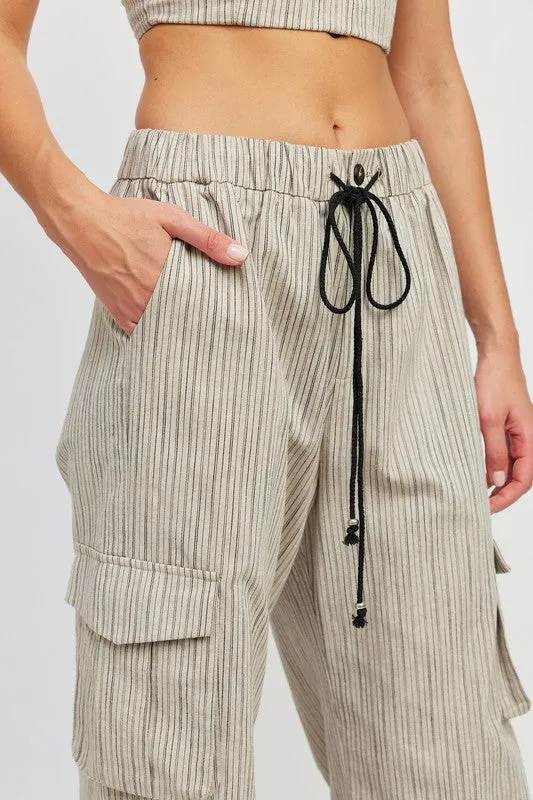 Striped Cargo Pants With Waist Drawstring