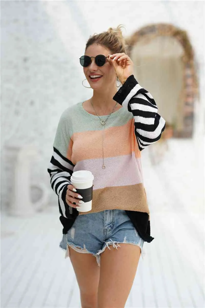 Striped Ribbed Trim Bell Sleeve Sweater