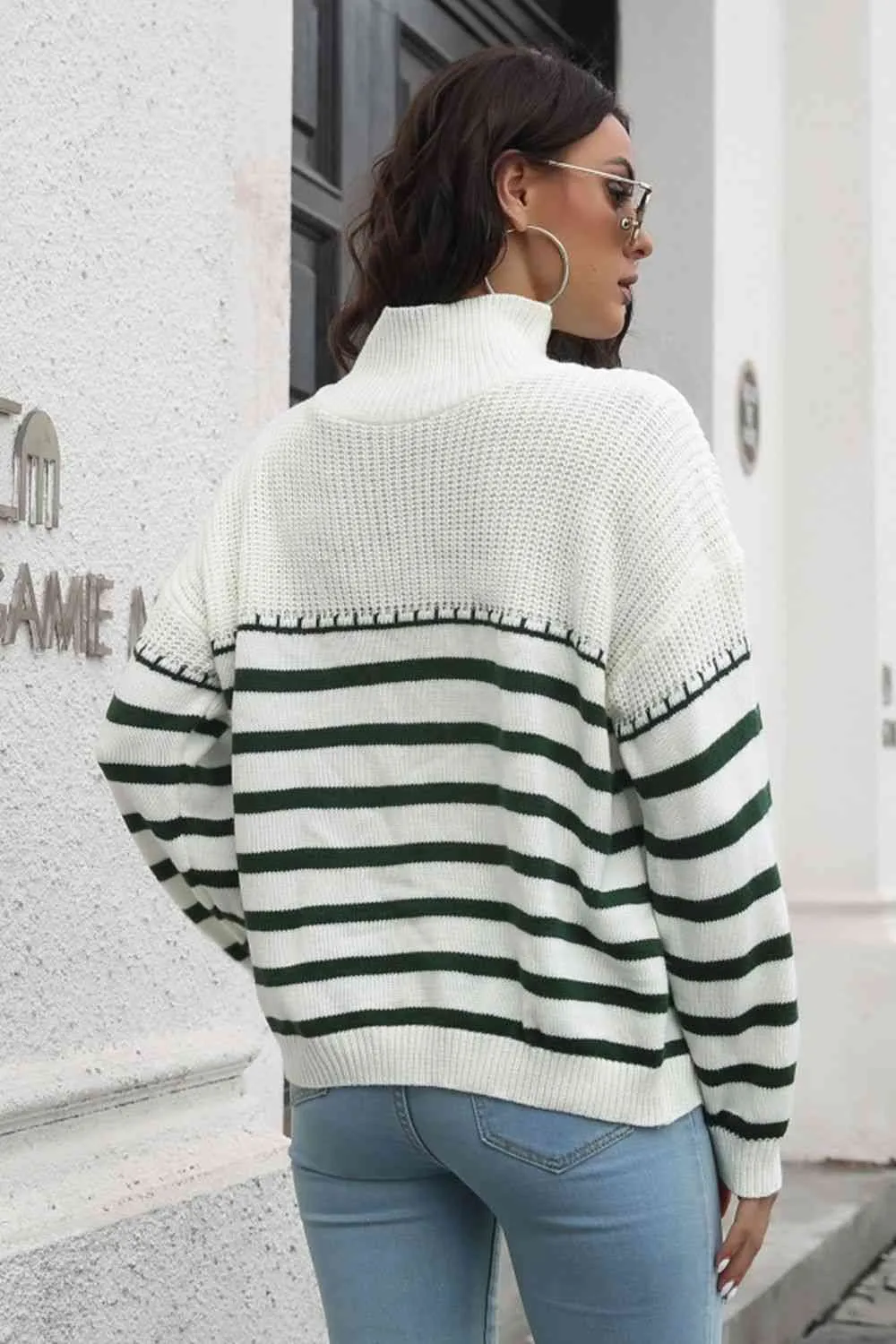 Striped Turtleneck Drop Shoulder Sweater