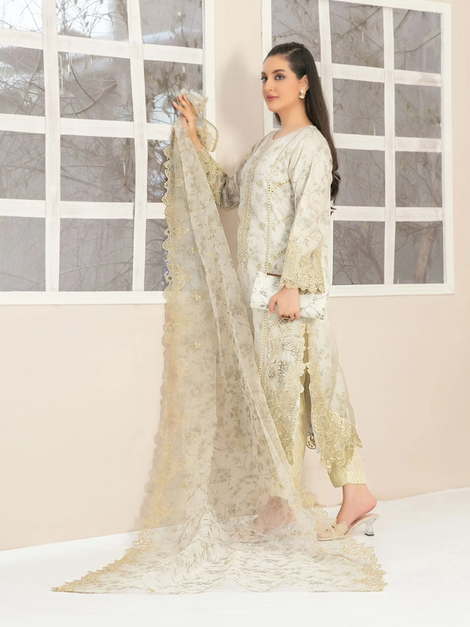 Tawakkal "Jahira" Embroidered Organza Suit (D3363) - Cream